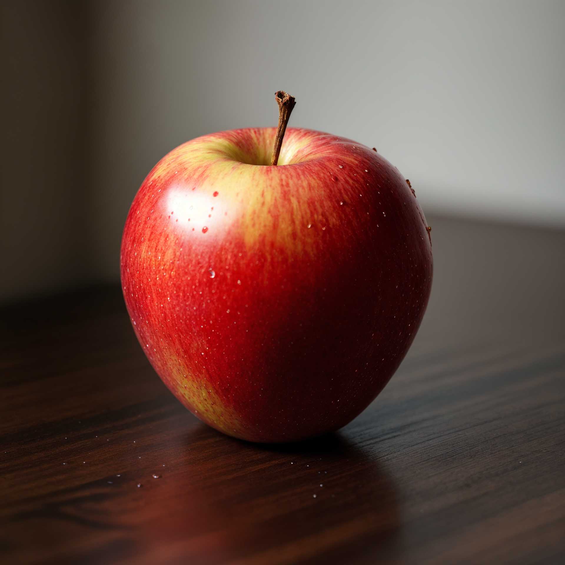 Ripe Red Apple with Water Droplets on a Wooden Surface