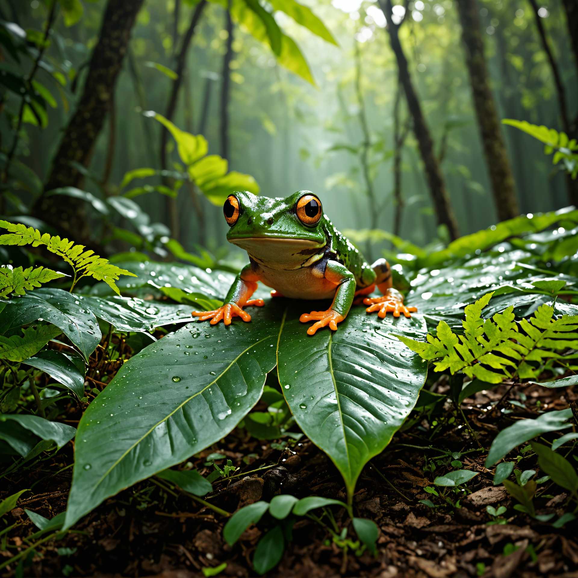 Vibrant Green Frog with Orange Limbs Perched on a Leaf in a Misty Rainforest