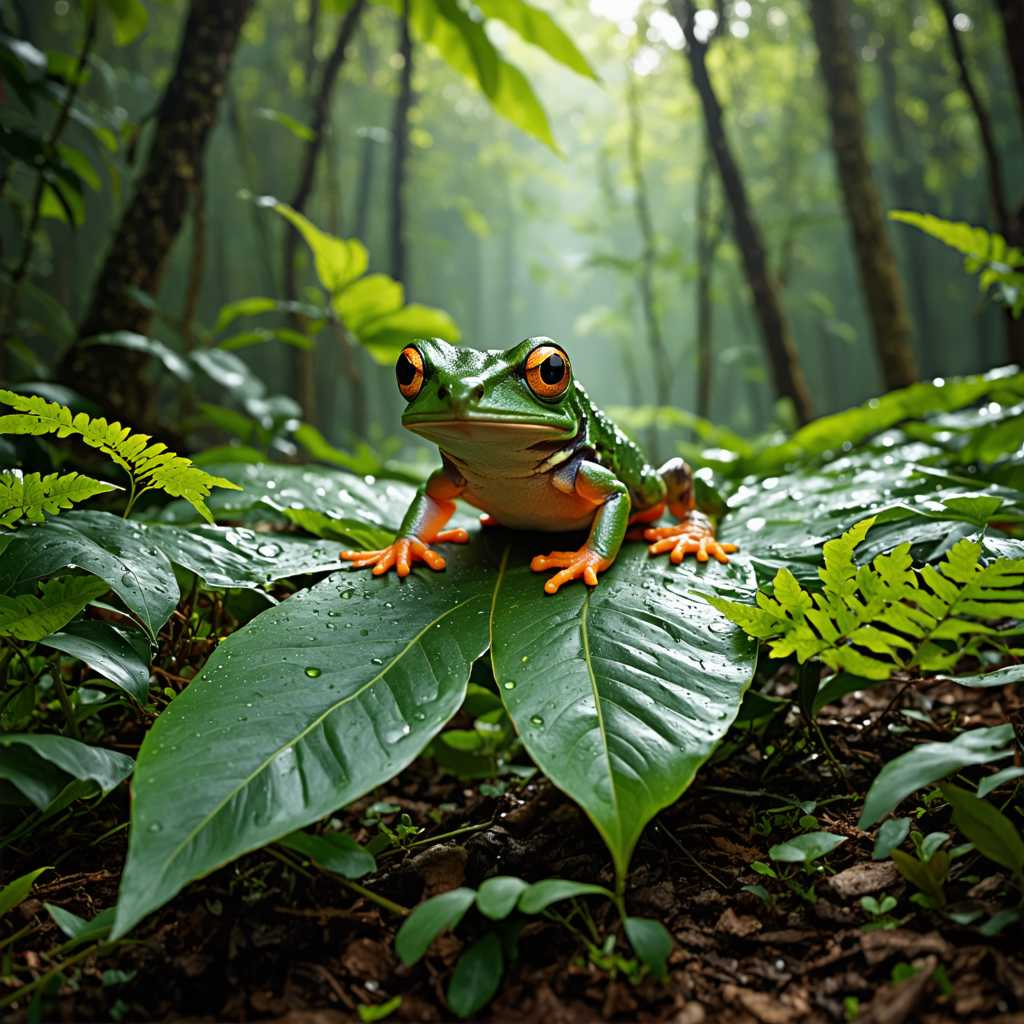 Vibrant Green Frog with Orange Limbs Perched on a Leaf in a Misty Rainforest