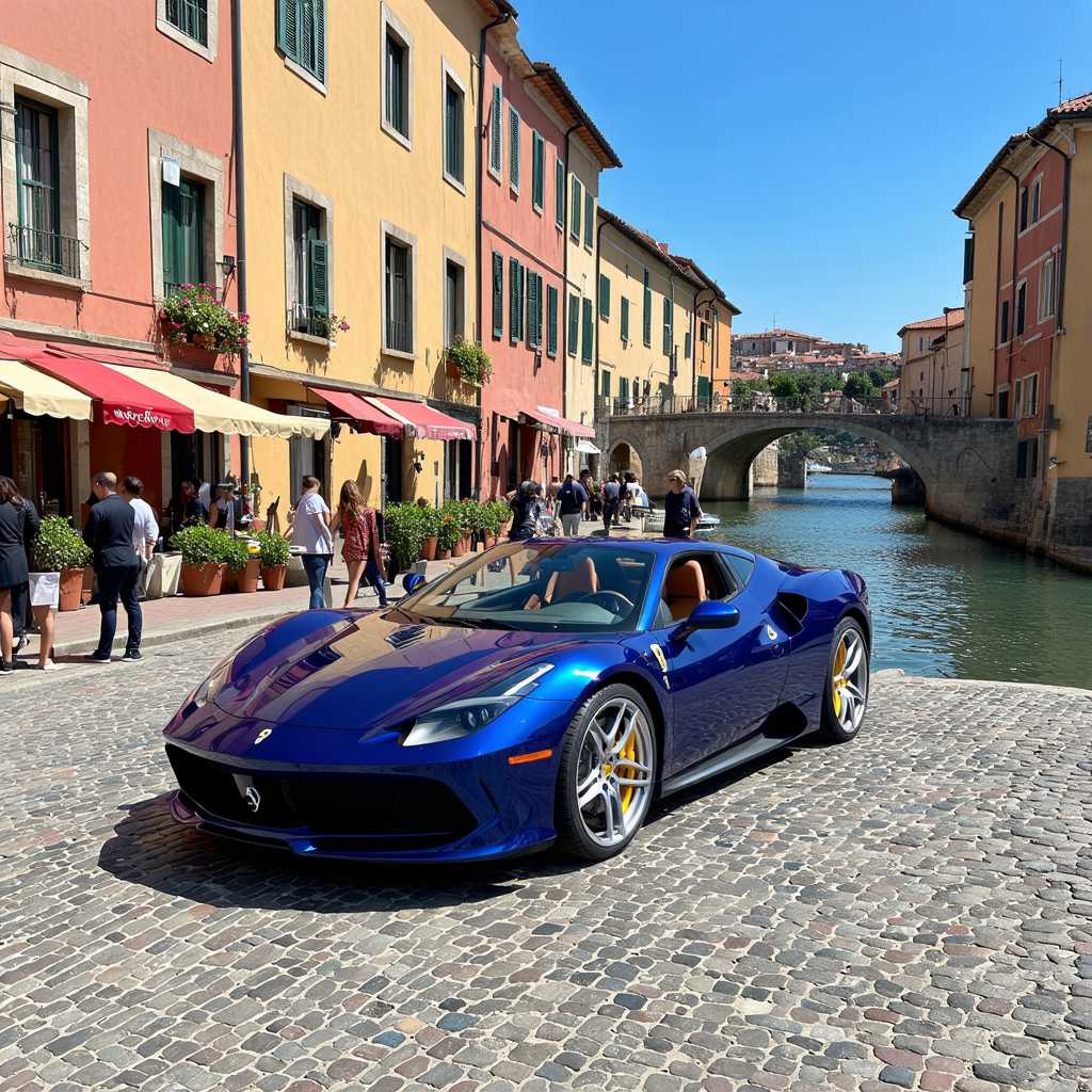 **Enhanced Prompt:** A sleek, vibrant blue Ferrari sports car proudly parked along the picturesque Porto waterfront, showcasing an exquisite blend of elegance and power. The composition features the iconic Ribeira district, where colorful, historic buildings line the riverbank, their facades vividly reflecting off the sparkling waters of the Douro River under a pristine, clear blue sky. Dappled sunlight casts playful shadows on the car’s glossy azure finish, accentuating its aerodynamic curves and captivating design.

In the backdrop, the majestic Dom Luís I Bridge arches gracefully over the serene river, its intricate ironwork contrasting beautifully with the bright colors of the surrounding architecture. Traditional rabelo boats, with their graceful lines and rich history, gently float by, their sails billowing softly in the light breeze. The lively cobblestone promenade buzzes with pedestrians, a mix of locals and tourists savoring the warm atmosphere, their conversations mingling with the sounds of clinking glasses from outdoor cafes adorned with colorful awnings. 

Potted plants spill vibrant greens and blooms, enhancing the liveliness of the scene. An artist captures the essence of this setting on canvas nearby, further adding to the charm. The overall mood is one of joyful luxury and spirited adventure, perfectly embodying the rich cultural tapestry of this historic Portuguese gem. 

**Style:** Hyper-realistic, with strikingly vivid colors and intricate details that highlight both the stunning sports car and the vibrant community bustling around it, creating a visual feast that invites the viewer into this enchanting moment