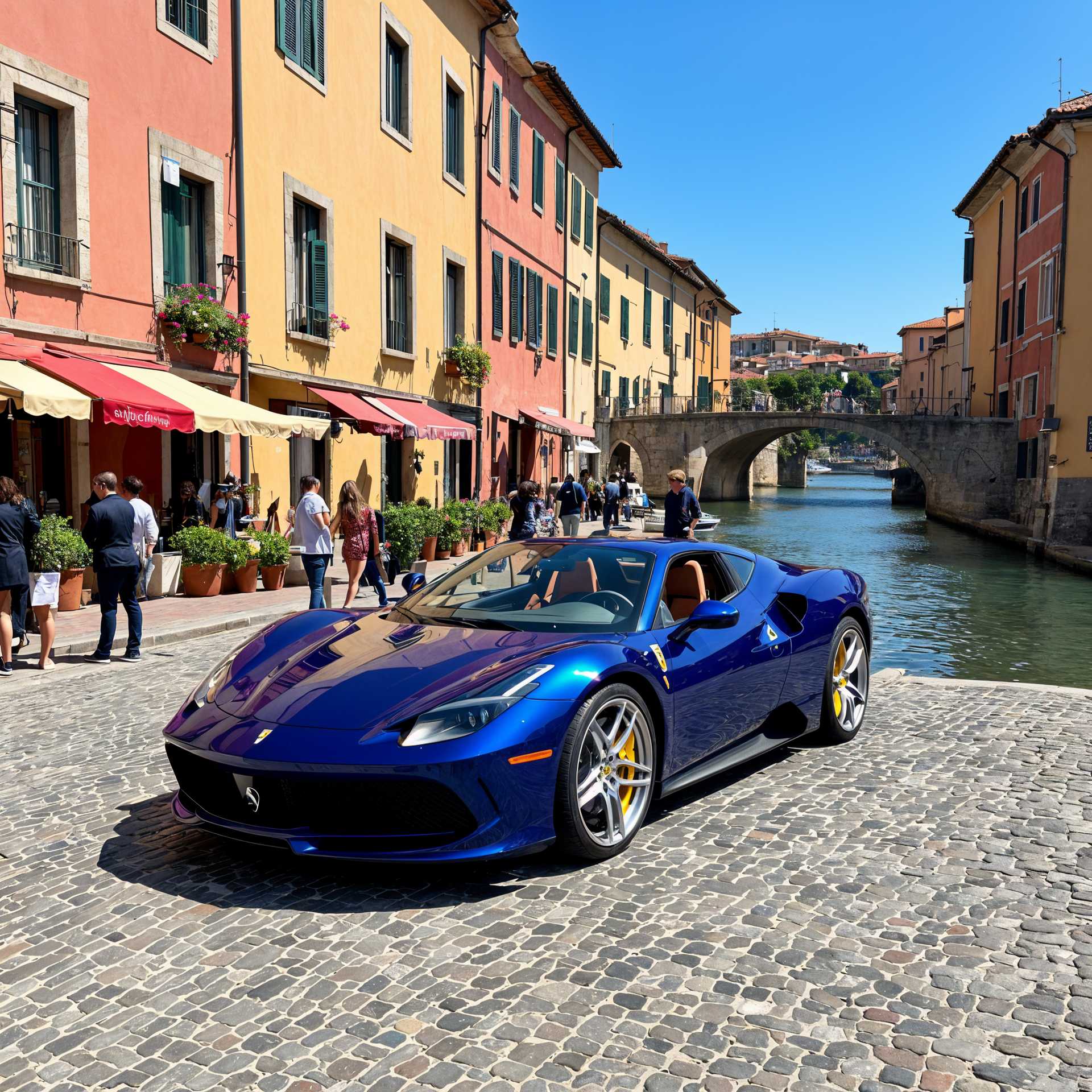 Exquisite Ferrari parked by a picturesque canal-side cafe