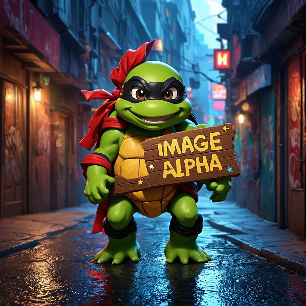 **Enhanced Image Generation Prompt:**

Create a dynamic, action-packed scene featuring a cartoonish ninja turtle standing confidently in a bold and energetic pose. The turtle should have bright, vibrant green skin, embodying the essence of youthful enthusiasm. It wears a classic black ninja mask that adds an element of mystery, complemented by a playful, vividly colored bandana that signifies its unique personality—perhaps a deep blue or fiery red to suggest a fun-loving and adventurous spirit.

The setting is an urban environment captured in the depths of an alleyway, adorned with edgy graffiti art and illuminated by glowing neon lights that reflect beautifully off the wet pavement, creating a lively and vibrant atmosphere. The setting should feel immersive, with splashes of color from the graffiti and the shimmering lights adding to the scene’s electric charm.

In the turtle's hands, showcase a large, handmade wooden sign, prominently positioned, that reads "Image Dojo Alpha" in bold, eye-catching letters. The text on the sign should be designed with a playful flair, perhaps painted in bright colors with thick outlines. Surround the sign with whimsical details like small, cartoonish stars and lightning bolts that enhance the sense of creativity and infectious energy radiating from the character.

Emphasize motion and attitude by incorporating a slight wind effect that ruffles the turtle's bandana, giving it a sense of liveliness, and also creates a gentle flutter on the edges of the sign. The background should be slightly blurred to draw the viewer’s attention directly to the