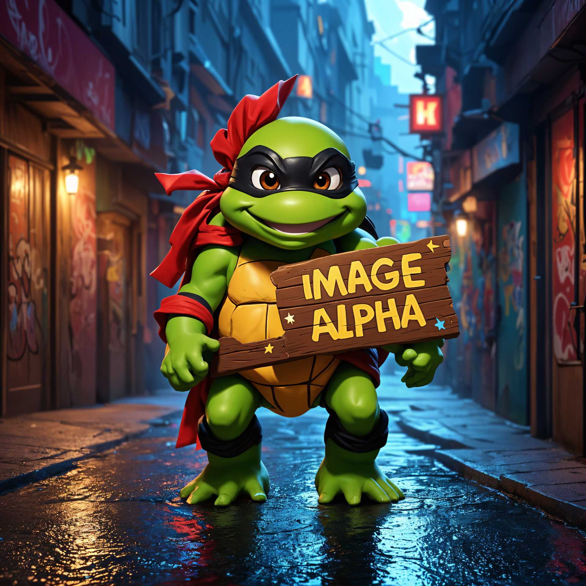 Teenage Mutant Ninja Turtle Holding 'IMAGE ALPHA' Sign in a Graffiti-Laden Alleyway.