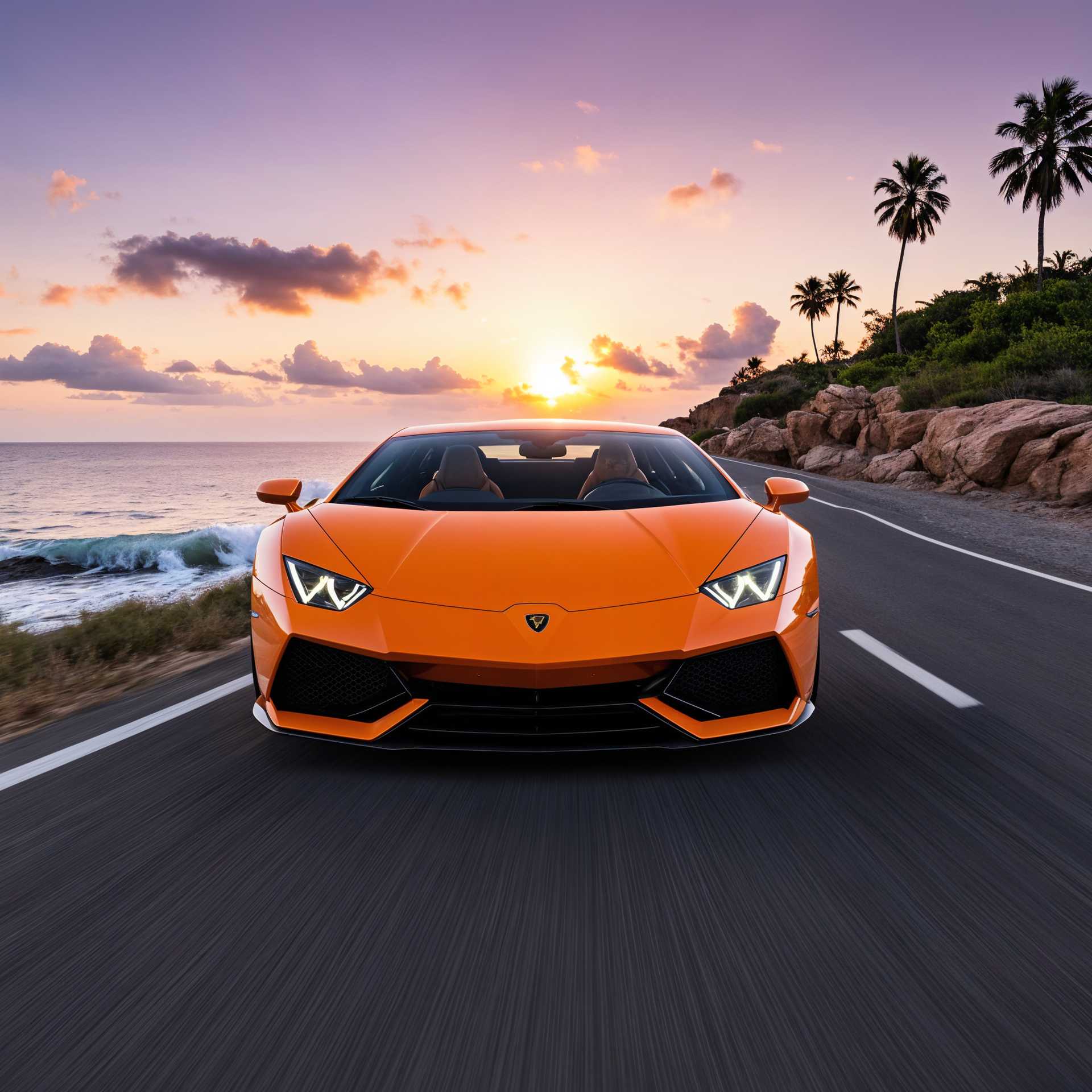 AI-generated image: Imagine a striking orange Lamborghini parked against a dramatic backdrop. The scene is set at sunset