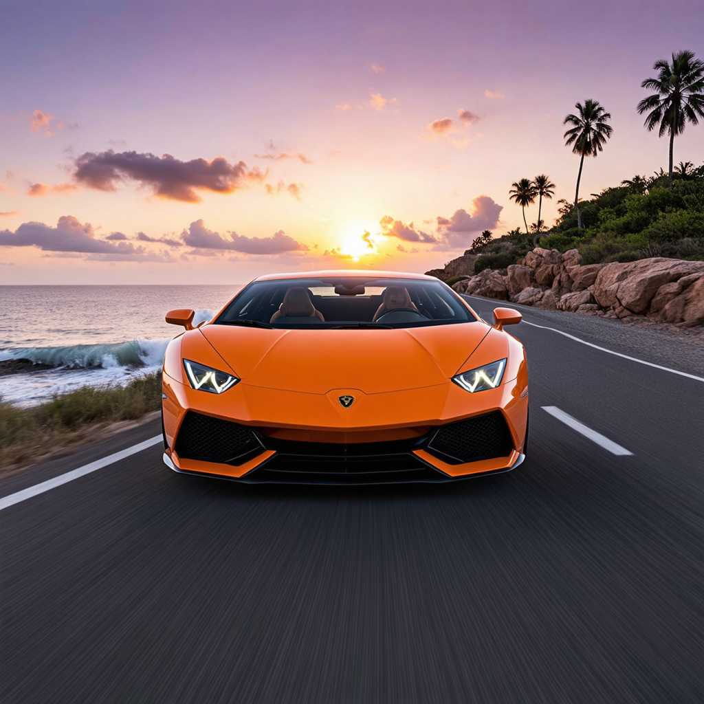 Imagine a striking orange Lamborghini parked against a dramatic backdrop. The scene is set at sunset, with warm golden rays illuminating the car's sleek, aerodynamic lines, emphasizing its glossy finish. The Lamborghini is positioned at an angle, allowing a view of its iconic sharp headlights and aggressive grille.

The background features a winding coastal road that hugs the edge of a cliff, with the vast ocean stretching out to the horizon. Soft waves crash against the rocky shoreline, creating a serene contrast to the car's bold design. Palm trees gently sway in the breeze, enhancing the luxurious, tropical vibe of the scene.

In the sky above, vibrant hues of purple, pink, and gold blend seamlessly as the sun descends, casting a warm glow over the entire image. A few fluffy clouds catch the light, adding depth to the picturesque evening. The overall mood is one of adrenaline and elegance, a celebration of automotive beauty in a breathtaking natural setting. 

Style: Hyper-realistic, with an emphasis on reflections and texture. The image should convey a sense of motion as if the car is ready to speed off down the road, capturing the essence of freedom and adventure.