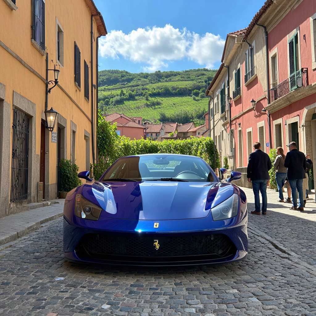 Prompt: "A striking blue Ferrari parked elegantly on a charming cobblestone street in Porto, Portugal, creating a captivating focal point. The scene unfolds against the backdrop of the city's exquisite architecture, showcasing rows of brightly colored buildings adorned with traditional azulejos (decorative ceramic tiles) that glisten in the warm afternoon light. In the distance, the iconic Dom Luís I Bridge gracefully arches over the Douro River, offering a sense of grandeur to the composition. Gentle rolling green hills are visible, interspersed with picturesque terraced vineyards that hint at the region's rich viticulture.

Golden sunlight bathes the entire scene, imbuing it with a welcoming warmth and lively ambiance. The Ferrari's sleek lines and glossy blue finish stand in stark contrast to the rustic textures of the cobblestone pavement and the vibrant hues of the surroundings. A few intrigued pedestrians pause to admire the luxury vehicle, adding to the cosmopolitan vibrancy of this enchanting moment. Above, the sky is a radiant blue with fluffy white clouds drifting lazily, evoking feelings of freedom and adventure in this idyllic Porto setting."