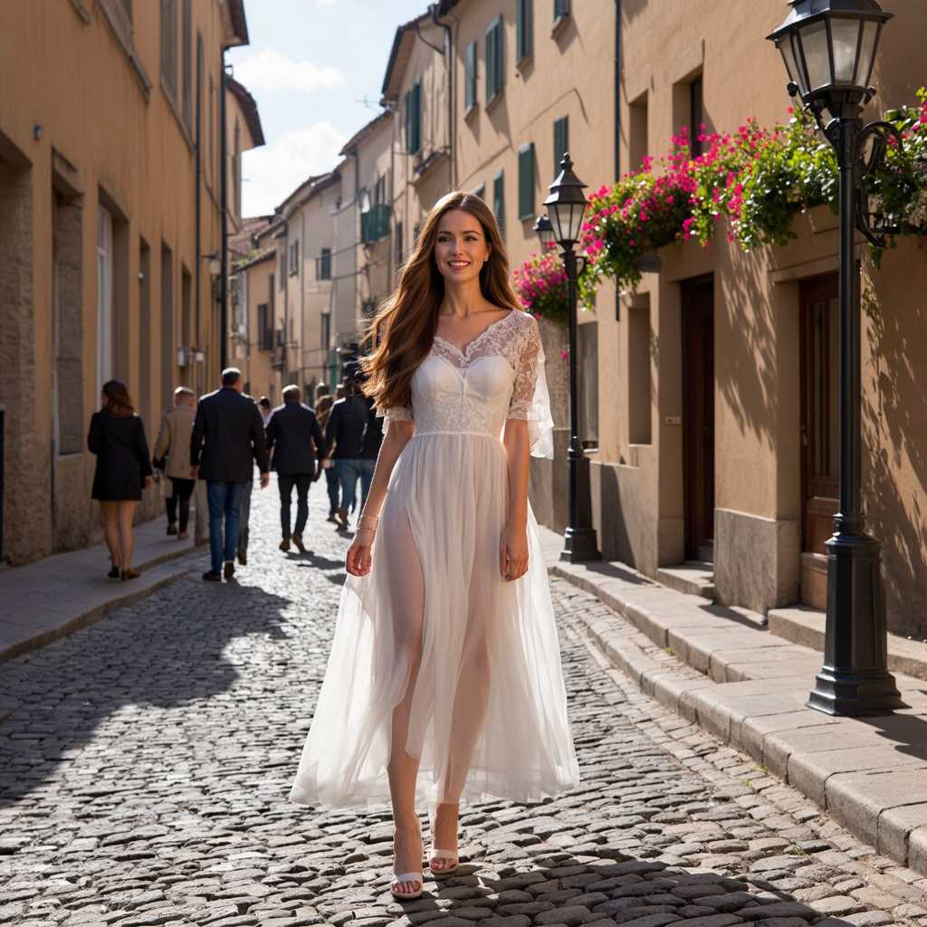 **Enhanced Prompt:**

Create a breathtaking portrait of a European woman standing gracefully on a charming cobblestone street in a picturesque city, evoking the essence of a serene summer day. She has long, flowing chestnut hair that cascades around her shoulders in effortless waves, catching the golden rays of the late afternoon sun, which bathes her in a warm, ethereal glow. Her deep blue eyes are vibrant and expressive, radiating warmth and intelligence that invite the viewer into her world. 

She is adorned in an elegant, flowy white dress that beautifully complements her figure, its fabric soft and translucent, hinting at a delicate texture that billows gently with the breeze. The dress features intricate floral lace details that add a touch of sophistication and grace, enhancing her timeless beauty. As she stands poised, the sunlight casts intricate patterns of light and shadow, accentuating the gentle curves of her silhouette.

In the background, the cobblestone street is a tapestry of historical architecture, showcasing ornate facades crafted from warm-toned stone. Vintage iron lampposts stand sentry along the walkway, their romantic charm enhanced by vibrant flower boxes overflowing with colorful blooms in hues of red, pink, and purple. The street reflects the quaint vibrancy of a European town, with soft-focus silhouettes of people leisurely strolling, their easy laughter adding to the enchanting ambience.

The entire scene is enveloped in a golden warmth, enhancing the charming details of the surroundings—from the textured cobblestones beneath her