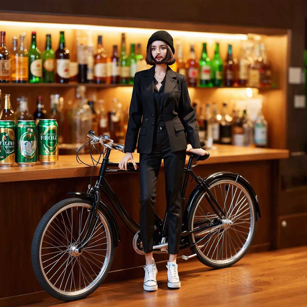 **Enhanced Prompt for Image Generation:**

Create a whimsical, vintage-inspired scene that captures a miniature woman, confidently standing atop a rustic bar counter in a cozy corner store. This little figure has a stylish, softly tousled bob haircut and a well-groomed beard, exuding a unique blend of charm and confidence. She’s dressed in a sleek black jacket and tailored black pants, effortlessly paired with casual white sneakers. A trendy black beanie, slightly tilted, adds a laid-back vibe to her ensemble.

Next to her, showcase five eye-catching cans of beer, each emblazoned with vibrant "FROIZ" labels featuring intricate green and gold designs. The dynamic arrangement of the cans contrasting with the warm, muted tones of the bar creates a lively focal point. Surrounding the miniature woman, integrate a backdrop of softly blurred shelves packed with an eclectic mix of bottles and additional beer cans, enhancing the nostalgic atmosphere reminiscent of a charming old-school pub.

To add an extra layer of charm, position a glossy black bicycle leaning against the counter, its front wheel playfully elevated. The bicycle’s reflective surfaces catch the soft, diffused light in the scene, creating a harmonious balance with the warm hues of the bar and shelves.

Use warm, muted colors and soft lighting that gently accentuates the textures of the woman’s clothing and the gleaming metal of the bike. The overall composition should evoke a sense of whimsy and nostalgia, inviting the viewer into this enchanted miniature world where details enchant