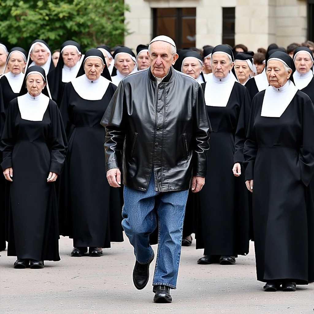 Pope Francis is wearing jeans, a leather jacket and a baseball cap. He is surrounded by nuns and monks.