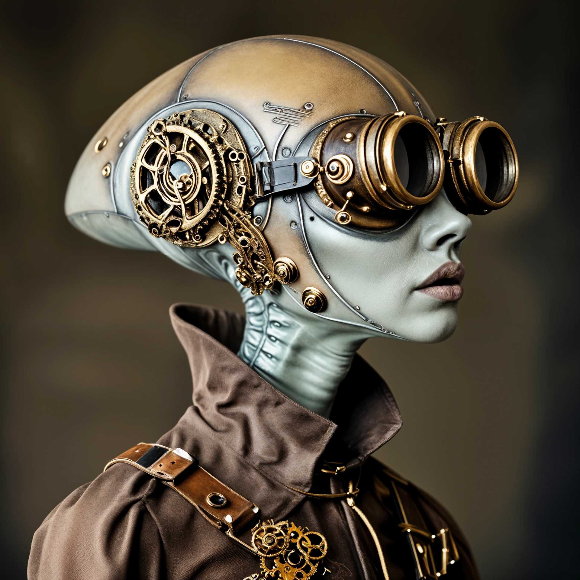 Steampunk-inspired portrait of an extraterrestrial figure.