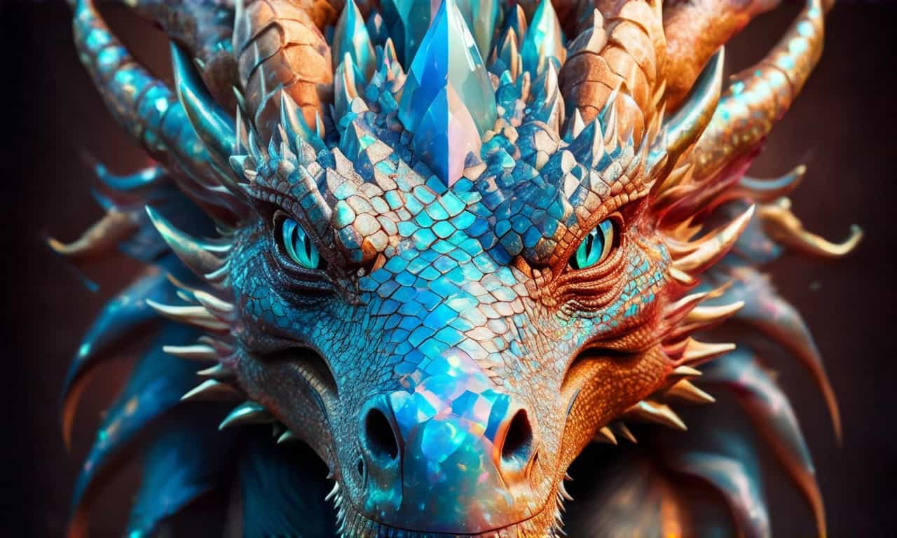 A beautiful portrait photograph of a dragon with diamond and gemstone scales, opal eyes, cinematic, gem, diamond, crystal, fantasy art, hyperdetailed photograph, shiny scales, 8k resolution,