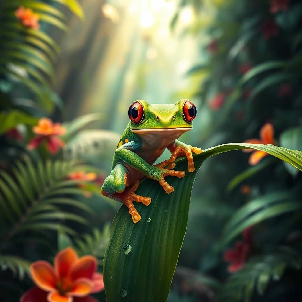 Create a stunningly detailed image of a vibrant green tree frog perched on a broad leaf in a lush rainforest. The frog should have bright yellow spots along its back and striking large eyes that reflect the dappled sunlight filtering through the dense canopy above. Surrounding the frog, incorporate a rich tapestry of tropical foliage, including fern fronds and flowering plants with vivid colors. The background should convey a sense of depth, with blurred layers of greenery fading into shadows, suggesting the thick, humid atmosphere of the rainforest. Include droplets of water on the leaves and a gentle mist hovering near the ground to enhance the sense of moisture and life. The overall mood should be tranquil yet lively, emphasizing the beautiful interplay between the frog and its natural habitat. Use a hyper-realistic style with intricate textures and vibrant colors to capture the enchanting essence of the rainforest ecosystem.