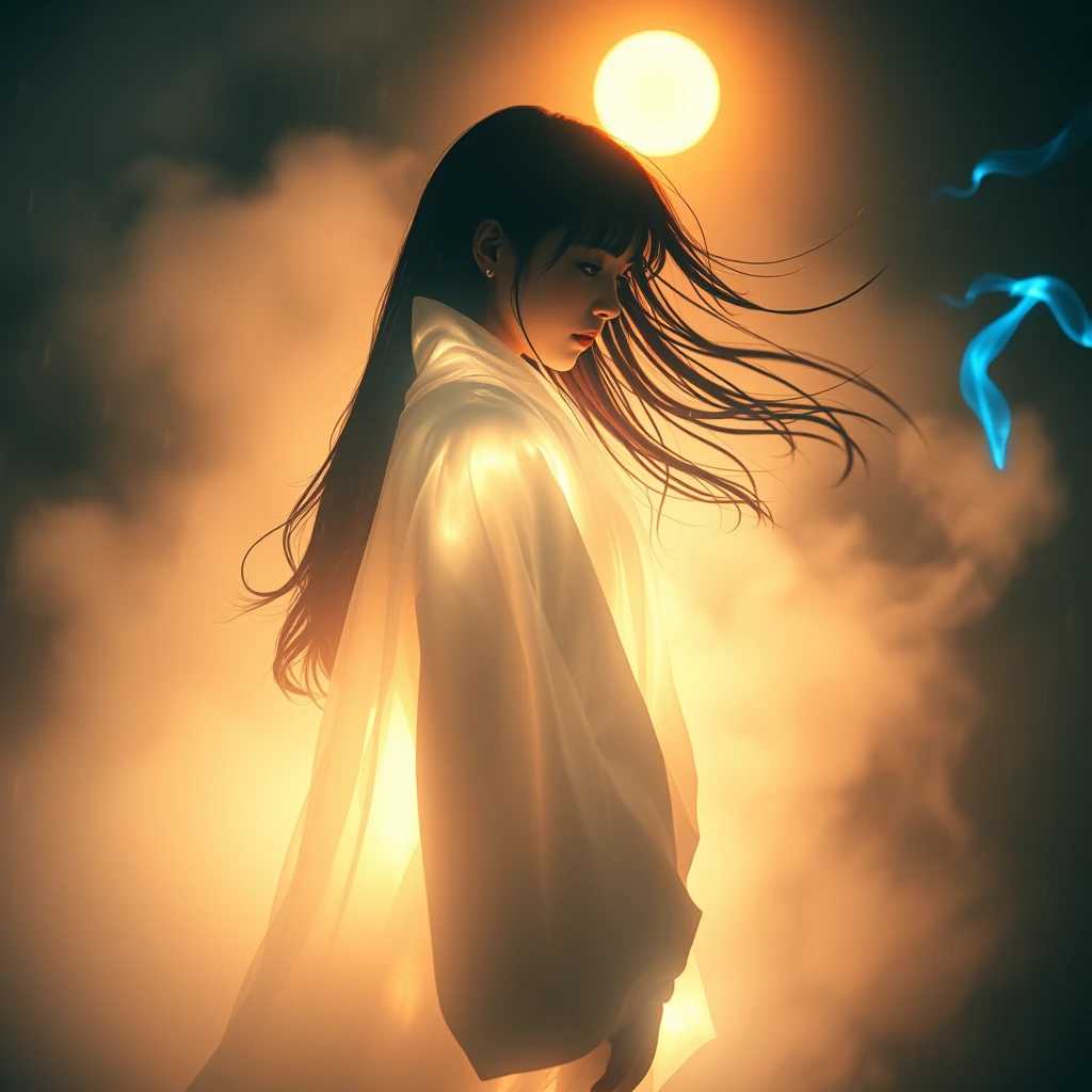 glowing, robe, fog, mist, smoke, girl composed of white light, girl composed of black smoke, fire, sun, 1girl, long hair, solo, photorealistic, cowboy shot, cinematic angle, fisheye, motion blur, blue fire, rain, Long hair fluttering in the wind, long, wave, cinematic film still