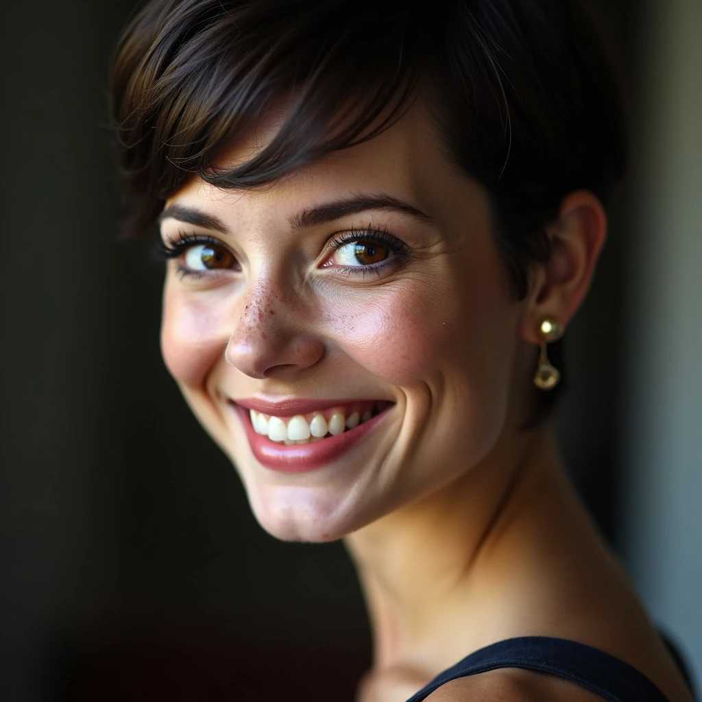 beautiful lady, (freckles), big smile, ruby eyes, short hair, dark makeup, hyperdetailed photography, soft light, head and shoulders portrait, cover