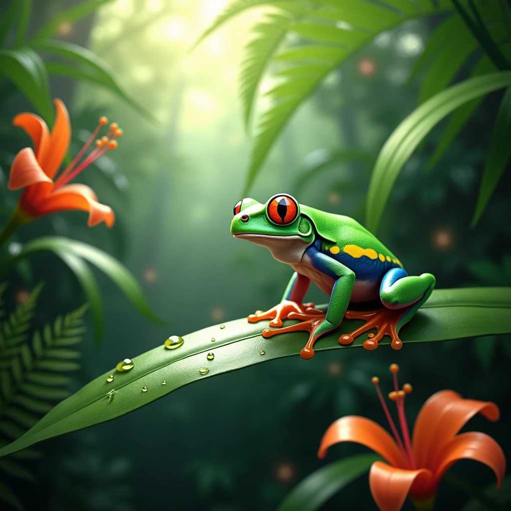 Create a stunningly detailed image of a vibrant green tree frog perched on a broad leaf in a lush rainforest. The frog should have bright yellow spots along its back and striking large eyes that reflect the dappled sunlight filtering through the dense canopy above. Surrounding the frog, incorporate a rich tapestry of tropical foliage, including fern fronds and flowering plants with vivid colors. The background should convey a sense of depth, with blurred layers of greenery fading into shadows, suggesting the thick, humid atmosphere of the rainforest. Include droplets of water on the leaves and a gentle mist hovering near the ground to enhance the sense of moisture and life. The overall mood should be tranquil yet lively, emphasizing the beautiful interplay between the frog and its natural habitat. Use a hyper-realistic style with intricate textures and vibrant colors to capture the enchanting essence of the rainforest ecosystem.