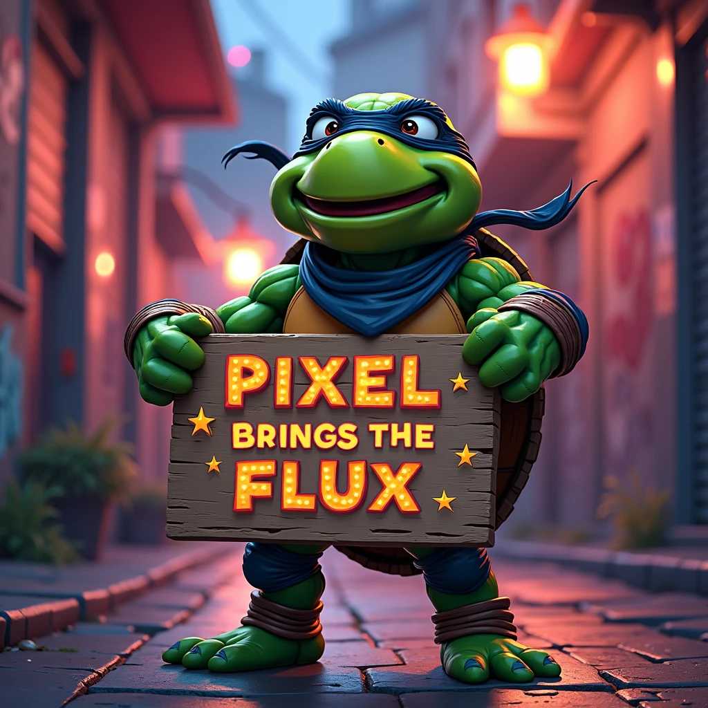 Create a dynamic, action-packed scene featuring a cartoonish ninja turtle standing confidently in a bold and energetic pose. The turtle should have bright, vibrant green skin, embodying the essence of youthful enthusiasm. It wears a classic black ninja mask that adds an element of mystery, complemented by a playful, vividly colored bandana that signifies its unique personality—perhaps a deep blue or fiery red to suggest a fun-loving and adventurous spirit.  The setting is an urban environment captured in the depths of an alleyway, adorned with edgy graffiti art and illuminated by glowing neon lights that reflect beautifully off the wet pavement, creating a lively and vibrant atmosphere. The setting should feel immersive, with splashes of color from the graffiti and the shimmering lights adding to the scene’s electric charm.  In the turtle's hands, showcase a large, handmade wooden sign, prominently positioned, that reads "Pixel Dojo Brings The Flux" in bold, eye-catching letters. The text on the sign should be designed with a playful flair, perhaps painted in bright colors with thick outlines. Surround the sign with whimsical details like small, cartoonish stars and lightning bolts that enhance the sense of creativity and infectious energy radiating from the character.  Emphasize motion and attitude by incorporating a slight wind effect that ruffles the turtle's bandana, giving it a sense of liveliness, and also creates a gentle flutter on the edges of the sign. The background should be slightly blurred to draw the viewer’s attention directly to the