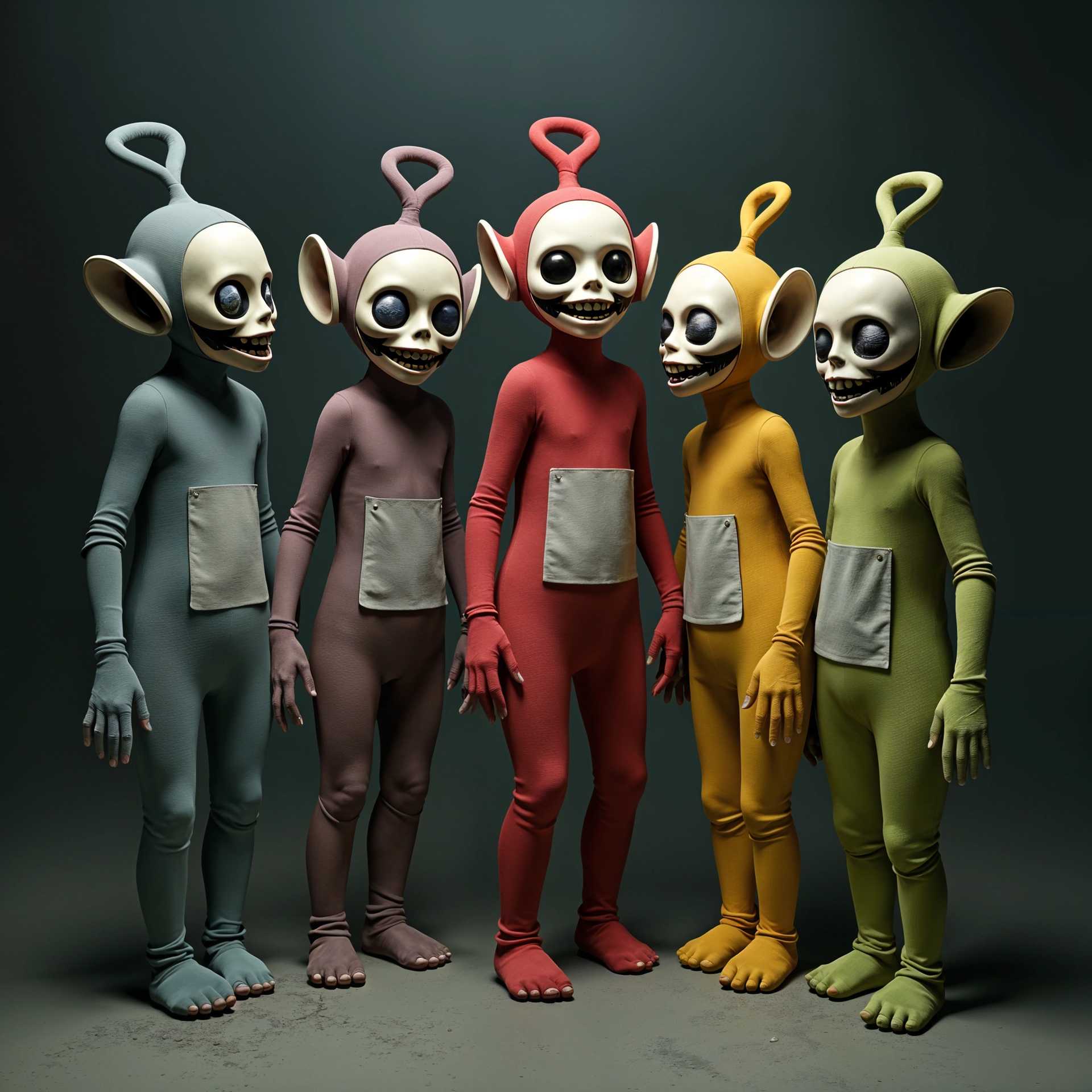 Five Creepy Looking Characters with Telescopic Ears and Square Pockets