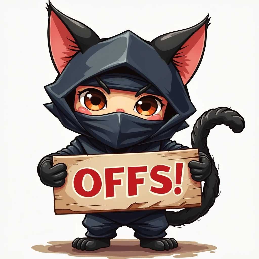 A ninja cat holding a sign that says OFFS!