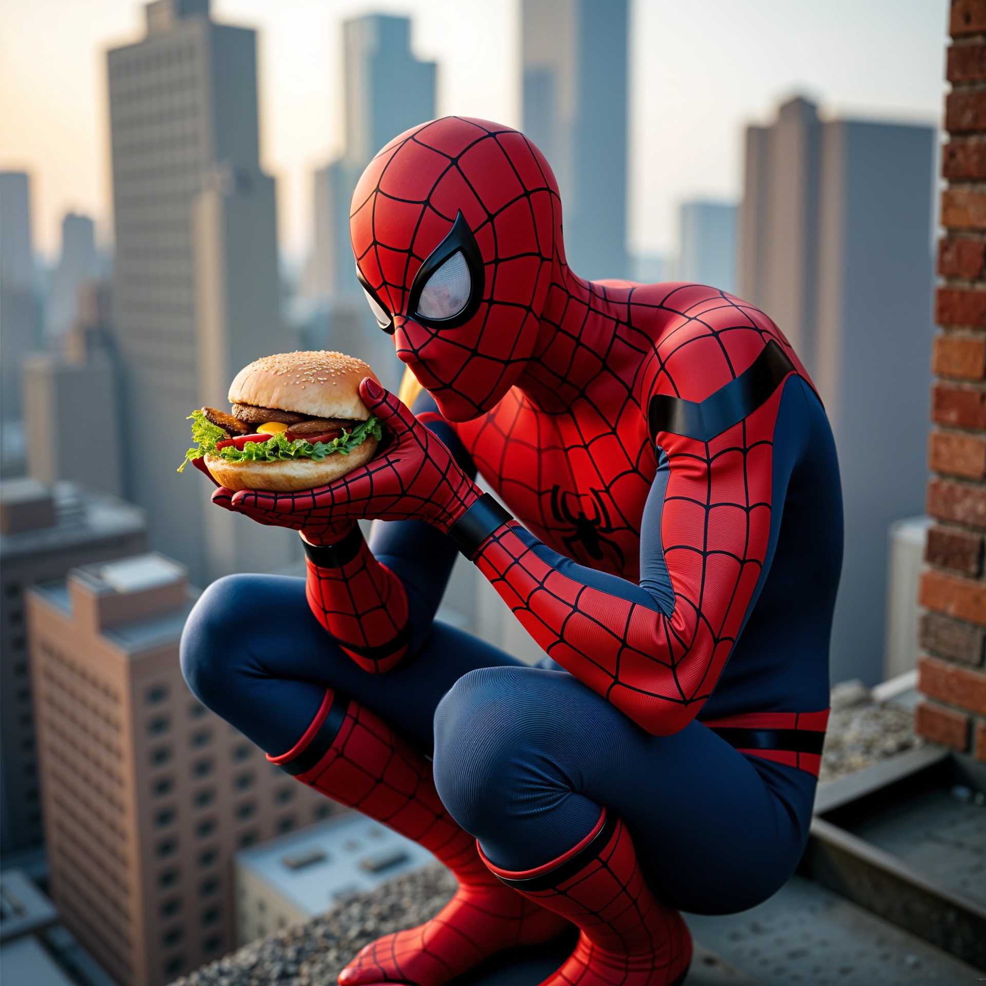 Spider-Man in Cityscape Crouches with a Burger in Hand