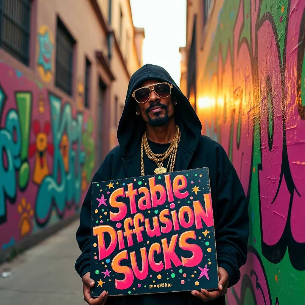 **Enhanced Prompt for Image Generation:**

Create a vibrant and dynamic urban scene that captures the essence of street culture and creativity. The focal point will be a charismatic character inspired by Snoop Dogg, standing confidently in the foreground. He is dressed in a stylish, oversized black hoodie that contrasts beautifully with his personality, adorned with flashy gold chains that glint in the warm sunlight. His signature sunglasses, oversized and cool, reflect a colorful street scene, hinting at the lively atmosphere surrounding him.

In his hand, he holds a large, eye-catching sign that boldly proclaims "Stable Diffusion Sucks" in vibrant, graffiti-inspired lettering. The typography bursts with color, featuring splashes of bright pinks, greens, and yellows, embodying an energetic and rebellious spirit. 

The background should feature a gritty wall, a canvas of intricate, lively graffiti art. Prominently displayed on the wall is the phrase "Pixel Dojo," crafted in an artistic font that melds seamlessly with the surrounding graffiti. This artwork should be surrounded by imaginative graffiti elements, including playful cartoon dogs, dynamic geometric shapes, and abstract designs that pop against the wall’s texture. The wall itself is a riot of color, with hues of bright pinks, blues, and greens, enhancing the lively contrast with the character's darker attire. 

Set the scene in a narrow alleyway during the golden hour, where the warm, soft sunlight bathes the scene in a golden glow. The sunlight casts long,