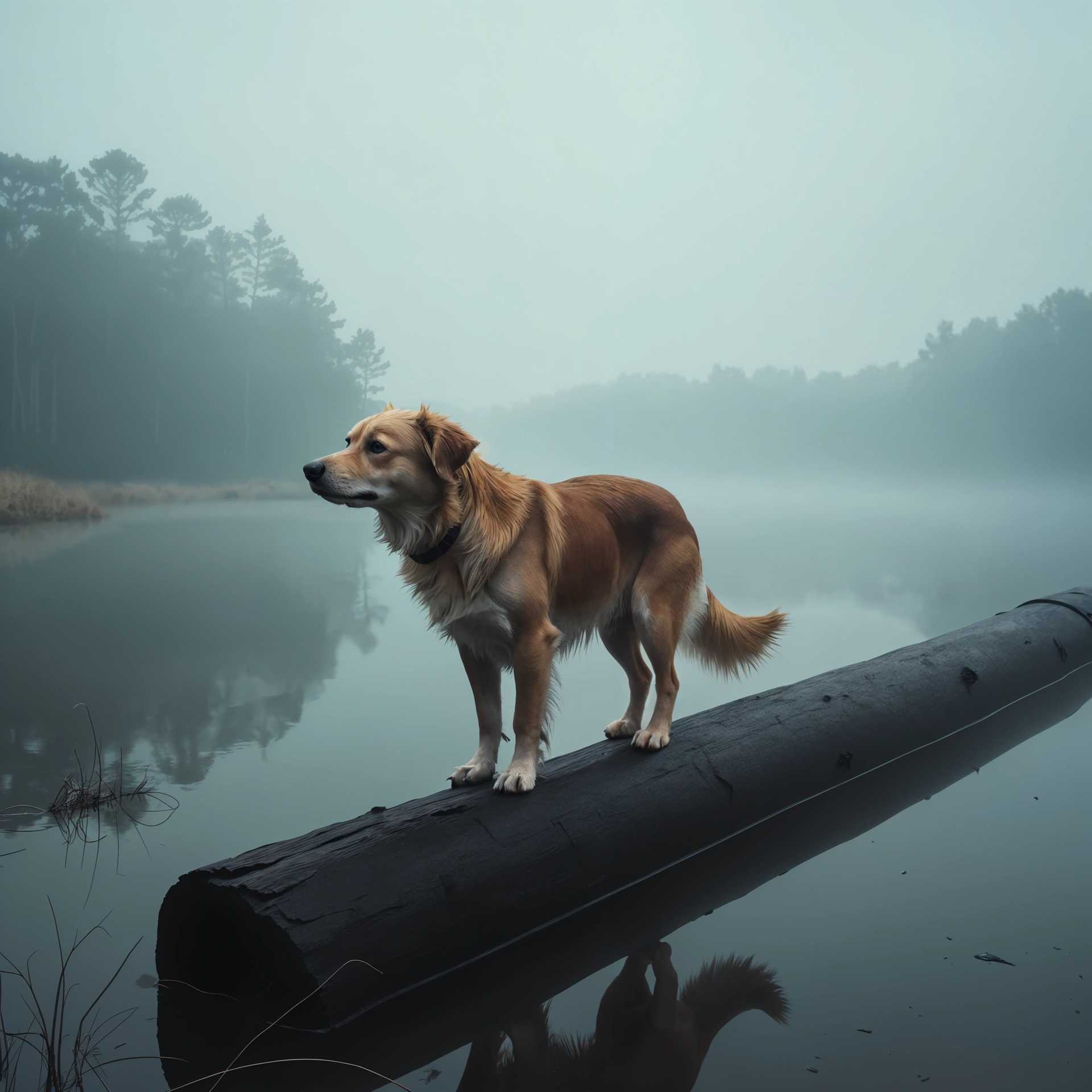 Golden Retriever on a Log in Misty Lake Setting