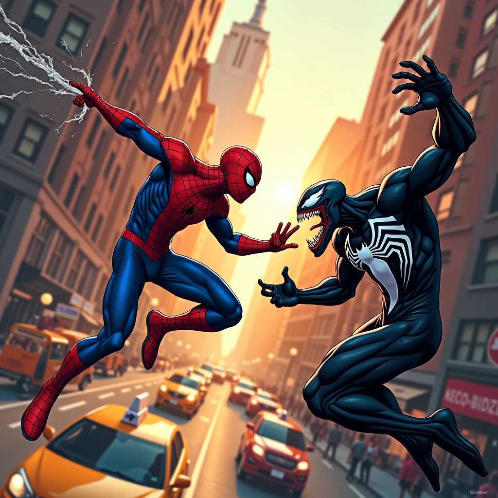 Prompt: "A dynamic and detailed action scene featuring Spider-Man web-slinging through the bustling streets of New York City. The iconic skyscrapers rise dramatically in the background, bathed in the golden light of a setting sun that casts long shadows on the urban landscape. Spider-Man, in his classic red and blue suit adorned with intricate web patterns, is caught mid-swing, his body contorted in a heroic pose that showcases his athleticism. Wisps of his web trail behind him, glistening in the sun's rays. Below, the streets are alive with the energy of NYC: yellow taxis, pedestrians, and street vendors creating a vibrant atmosphere. The scene conveys a sense of action, excitement, and urban adventure, with a slight comic book aesthetic that emphasizes bold colors and dynamic lines. Capture the essence of heroism and the spirit of the city."