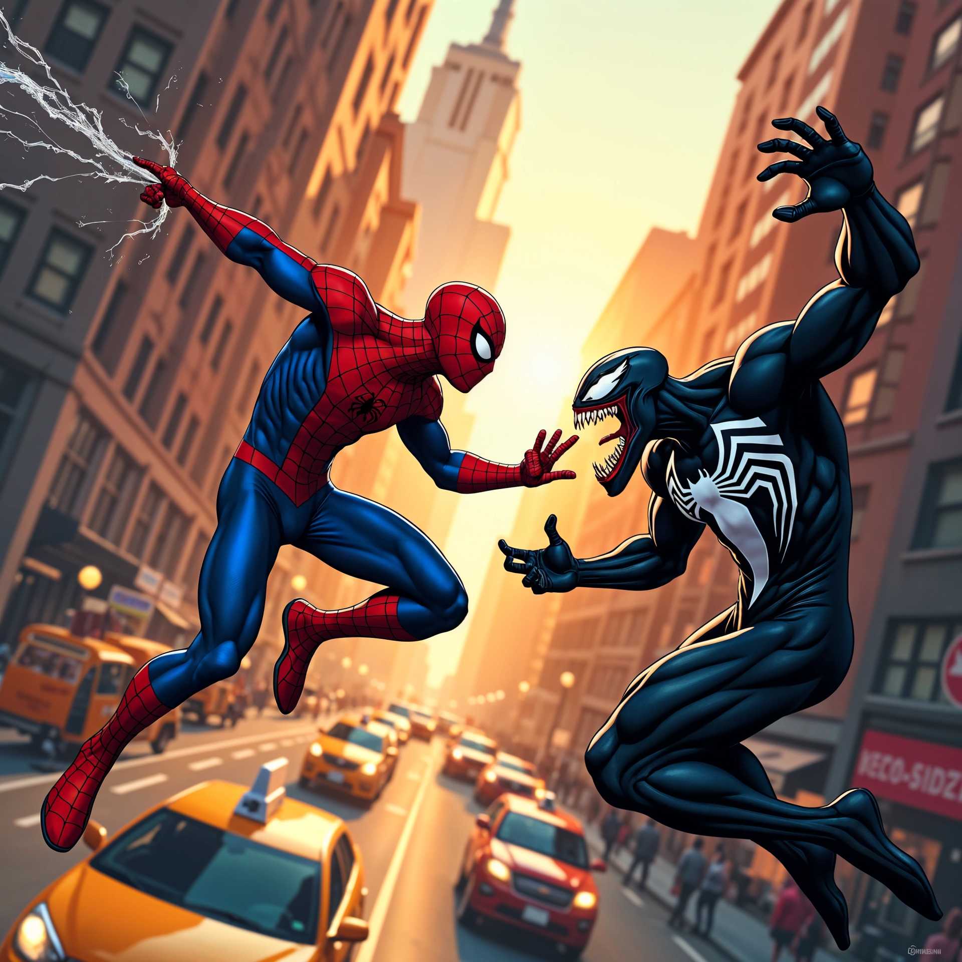 Spider-Man confronts Venom in a dramatic cityscape battle.