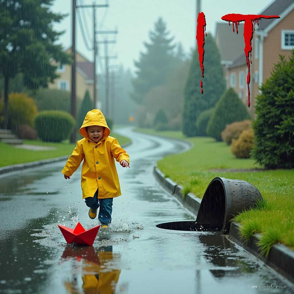**Prompt for Image Generation:**

A whimsical scene captures a young child joyfully chasing a vibrant paper boat down a winding neighborhood street drenched in the rain. The child is clad in a bright yellow raincoat, splashing through puddles as droplets cascade from the brim of their hood. The pavement glistens with rain, reflecting the soft, muted colors of a cloudy sky. 

To the side, a storm drain gurgles ominously, its dark mouth hinting at unseen depths, surrounded by vibrant green grass soaked from the downpour. The atmosphere is playful yet tinged with an undercurrent of eeriness. 

In the top right corner, the unsettling word "It" is displayed in a creepy, distorted font that appears to be dripping, as if wet from the rain, amplifying the mood of suspense and intrigue. The overall composition balances the child’s innocence with an unsettling hint, creating a striking juxtaposition that draws the viewer in. The painting style should be slightly impressionistic, capturing the motion and mood of the scene with soft brush strokes and a touch of surrealism.