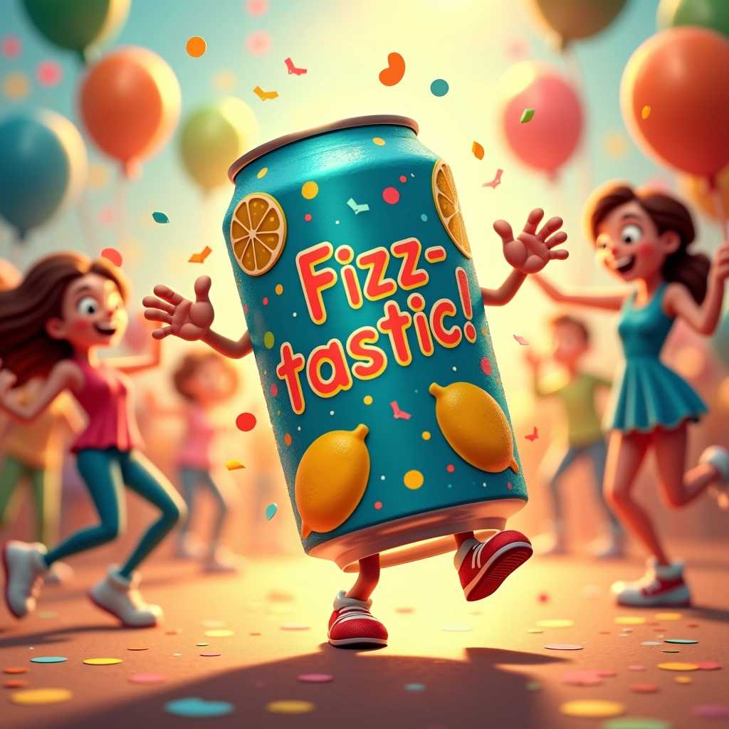 **Prompt for Image Generation:**

Create a whimsical and lively scene featuring a dancing soda can. The can is brightly colored, sporting a retro design with bold, playful graphics. Its shiny surface reflects light in a dazzling array of colors, emphasizing the freshness of the soda within. 

Place the can in the center of a vibrant, animated party environment, filled with colorful confetti and balloons floating through the air, creating a festive atmosphere. The background is a blur of dancing party-goers, who are cartoonishly stylized, with exaggerated movements and joyful expressions, enhancing the sense of movement and celebration.

Illuminate the scene with warm, cheerful lighting that casts a soft glow over everything, highlighting the can's joyful dance moves as it spins and twirls with a lively rhythm. Consider including musical notes floating around to suggest an upbeat soundtrack accompanying the joyous dance. 

The overall mood is energetic and fun, capturing the essence of a carefree celebration with a hint of whimsy, suitable for a family-friendly animation style that conveys a sense of happiness and delight.