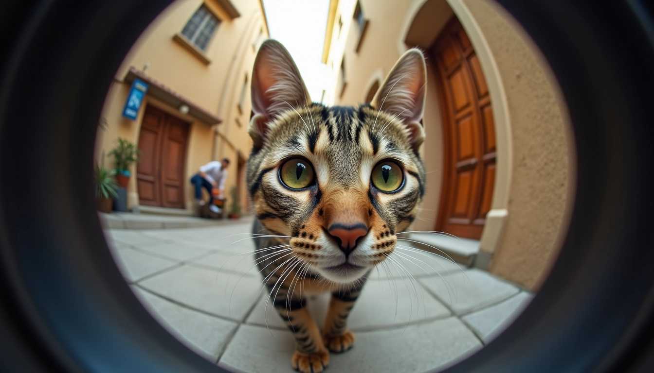 a cat looking into a camera pov fisheye lense