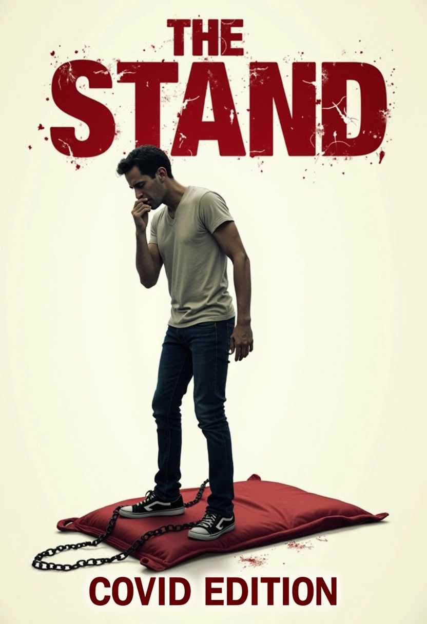 a man standing over a body bag coughing with the text above in shadow style saying "The Stand: Covid Edition"