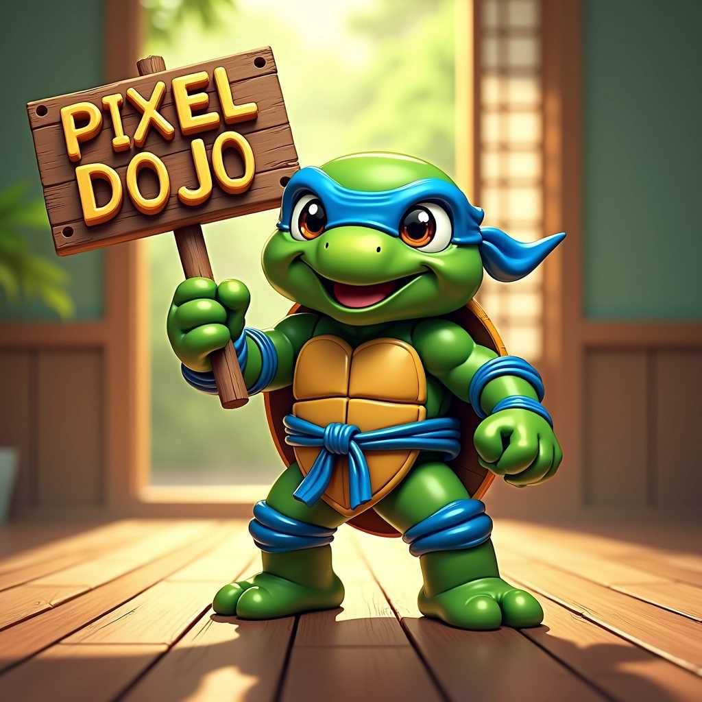 Create an illustration of a stylized ninja turtle, reminiscent of classic comic book art, standing in a dynamic pose. The turtle should be vibrant green with muscular features, wearing a colorful bandana—blue—and sports a traditional dojo gi, slightly tattered at the edges. In one hand, he confidently holds a sign that reads "Pixel Dojo" in bold, pixelated font, conveying a sense of retro gaming nostalgia. 

The background should depict a serene, stylized dojo scene, complete with bamboo elements and soft, dappled sunlight filtering through shoji screens. The dojo floor should have intricate wooden textures, enhancing the sanctuary's calming, disciplined atmosphere. 

Incorporate a subtle haze or mist to evoke a sense of mystery while the overall color scheme leans toward rich greens and warm browns, evoking a fusion of traditional martial arts aesthetics with modern pixel art vibes. The lighting should be warm and inviting, hinting at a sense of adventure and camaraderie, overall creating an eye-catching and detailed scene.