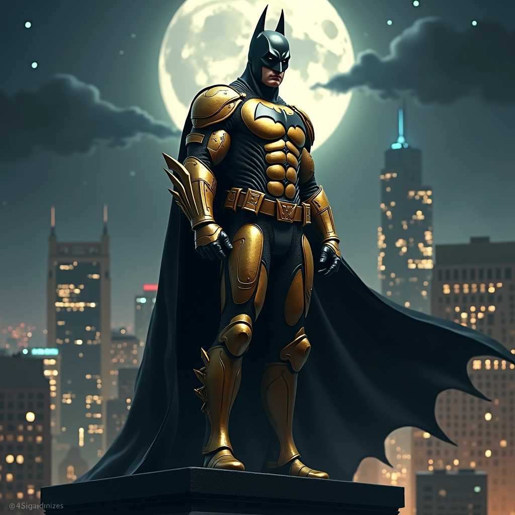Create a dramatic and heroic scene featuring Batman clad in an intricately designed golden armor. The armor should glisten under the moonlight, showcasing detailed engravings and sharp, angular features that convey strength and resilience. Batman stands on the edge of a gothic skyscraper, his cape billowing in the wind, casting a long shadow over the cityscape below. The skyline is a mix of modern and historic architecture with a dark, brooding atmosphere enhanced by wisps of fog creeping through the streets.

The background should feature a deep, starry night sky with a luminous full moon, casting an ethereal glow on the scene. Wisps of clouds drift in front of the moon, adding a touch of mystique. Batman's stern expression reflects determination, and his piercing eyes are focused, embodying both vigilance and power. The sandy textures of the armor should contrast against the sleekness of Gotham City, with pulsating neon lights peeking through the shadows, highlighting the tension and drama of the moment.

Incorporate elements of dynamic lighting and shadows to emphasize the golden hues of the armor against the darker tones of the environment. Include subtle hints of movement in the cape and clouds to suggest the intensity of the scene, while maintaining a sense of static power in Batman's pose. Overall, aim for a cinematic style that evokes a feeling of epic adventure and the timeless battle between good and evil.