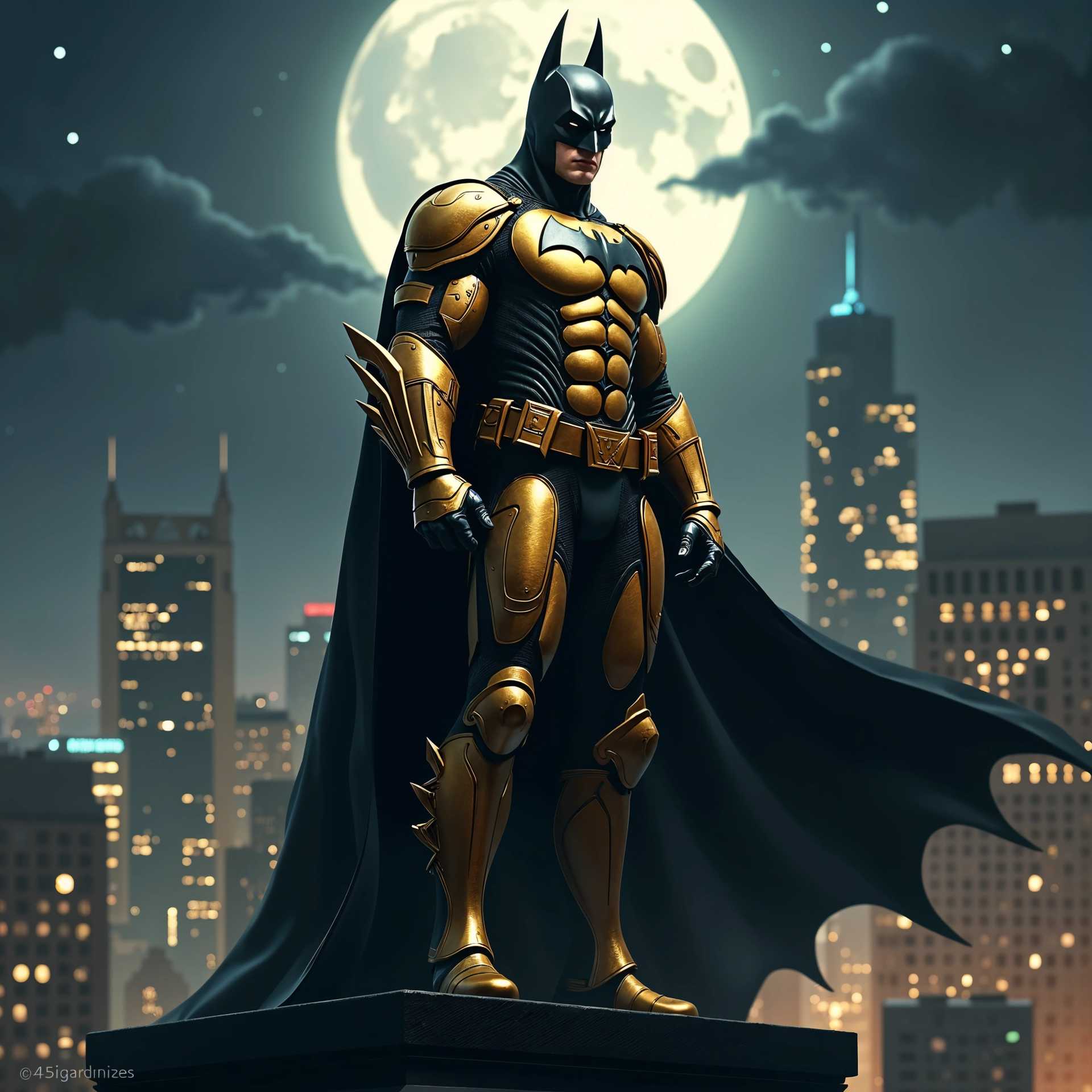AI-generated image: Create a dramatic and heroic scene featuring Batman clad in an intricately designed golden armor. Th
