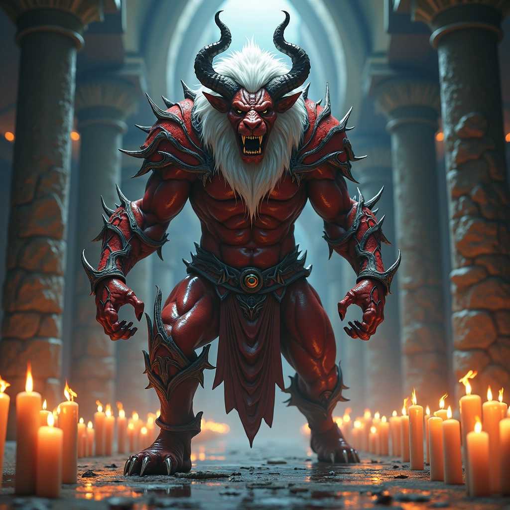 **Prompt:** 

Visualize an intense boss fight scene set in a foreboding environment inspired by the Dark Souls universe. At the center of the composition, feature a formidable anthropomorphic lion creature, towering and muscular, with striking white hair cascading down its mane and fierce, twisted horns atop its head. The lion dons intricate red armor, artfully designed and emanating an ominous aura, with menacing black flames licking at the edges, hinting at its dark powers. 

Its skin is laced with silver metallic veins that pulse with a vibrant energy, creating a stark contrast against the deep crimson of its armor. The background reveals the interior of a monumental, dark stone building, with crumbling pillars and vaulted ceilings, adding an oppressive feel. The floors are adorned with a multitude of flickering candles, casting a soft, warm glow that dances with the shadows, creating an eerie yet captivating ambiance. 

The overall color palette should be a mix of dark tones—deep blacks, charcoals, and rich reds—punctuated by the cold sheen of metallic silver and the soft golden light from the candles. Capture the tension of the moment, evoking a sense of impending battle, with dynamic composition elements that emphasize the lion's imposing presence, ready to unleash its fury. The style should evoke the richly detailed, atmospheric graphics typical of Dark Souls, conveying both the beauty and horror of this legendary showdown, all rendered in stunning 4K resolution.