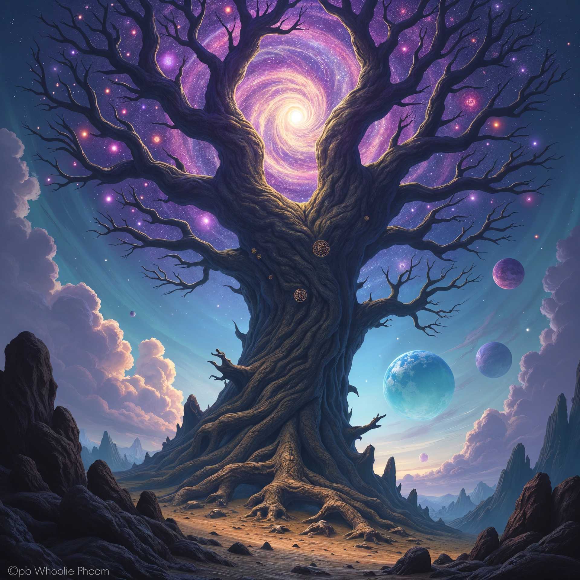 **Prompt for Image Generation:**

Create a breathtaking cosmic fantasy scene centered around an enormous Eldritch Tree, towering majestically against a vast cosmic expanse. The tree's intricate, gnarled trunk serves as a monumental anchor to the Chaos Universe, its bark rich with glowing orbs and ancient, arcane symbols that pulse with an otherworldly energy. The branches of the tree stretch out into the abyss, giving birth to swirling galaxies that twinkle with vibrant purples, deep blues, and stunning golds, casting a mesmerizing glow across the scene.

Surrounding the tree, illustrate a dynamic background filled with swirling nebulae in shades of violet and teal, interspersed with intricate cosmic designs and floating celestial bodies that evoke a sense of both wonder and foreboding. Stars sparkle like scattered diamonds amidst the ethereal clouds, while distant planets hover in the backdrop, adding depth and a sense of scale to the composition. 

The lighting should be ethereal and cosmic, with vibrant highlights illuminating the tree's features while casting deep, mysterious shadows that hint at the ancient powers entwined within it. Aim for a wide shot that captures the grand scale of the tree and its cosmic surroundings, ensuring that every detail, from the textured bark to the glowing symbols, is rendered in high resolution. This image should radiate an aura of mystical power, showcasing the Eldritch Tree's crucial role in the cosmos, blending elements of fantasy and eldritch horror seamlessly in a stunning,