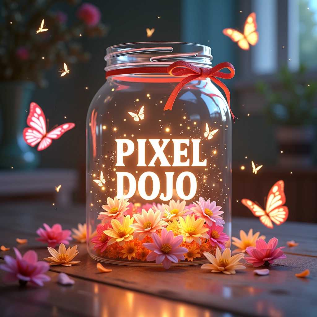 **Prompt:**

Create a captivating 3D render of a crystal glass jar prominently featuring the name "PIXEL DOJO" intricately designed in elegant typography. The jar is beautifully illuminated from within, casting a warm, inviting glow. Inside the jar, a swarm of delicate fireflies dances, emitting soft, ethereal light, mingling with vibrant and colorful flowers scattered around them. Add a scattering of sparkling particles that shimmer and float gently in the air, enhancing the magical atmosphere.

Surrounding the jar, include whimsical butterflies with intricate wing patterns, fluttering gracefully. Adorn the jar with charming bows in complementary colors, adding an element of playfulness and charm to the scene. The background should be softly blurred, allowing the jar to be the focal point while maintaining a dreamy, cinematic quality to the overall composition. Capture the enchantment of this delightful scene with rich textures and vivid colors, evoking a sense of wonder and creativity.