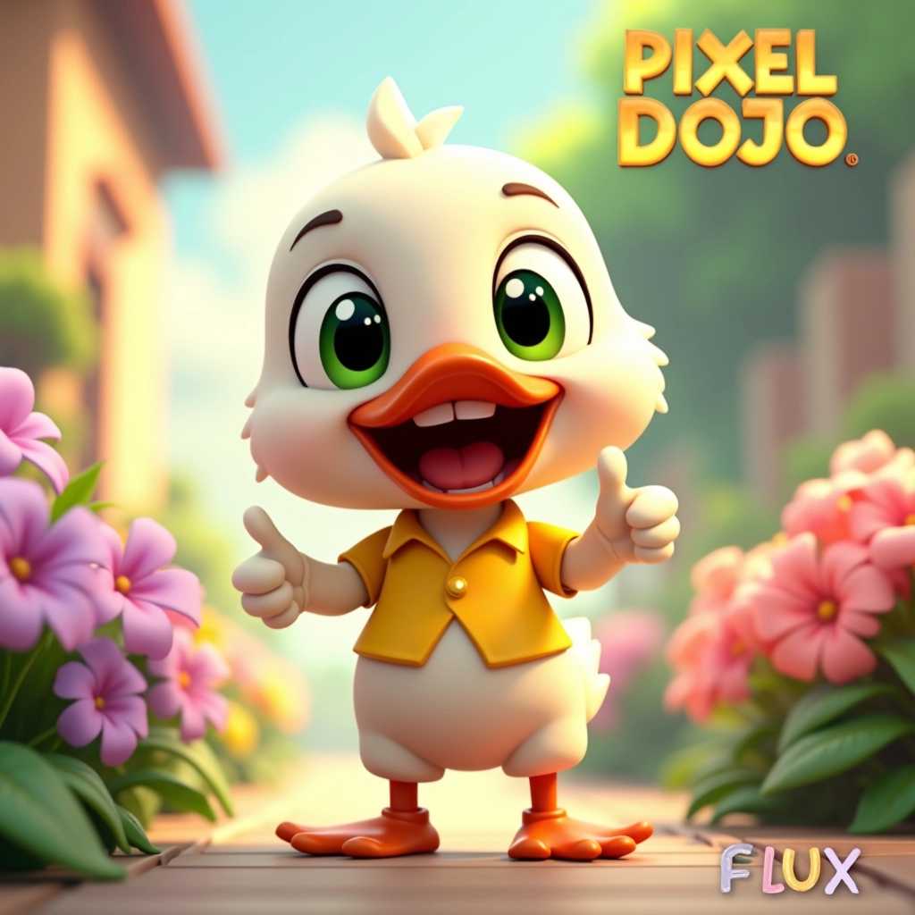 Create a high-quality 3D render of an anthropomorphic laughing duck cub, designed in a charming, whimsical animation style reminiscent of popular animation studios. The duck has large, bright green eyes that sparkle with joy and a wide, pleasant smile showcasing its cheerful demeanor. It is dressed in a vibrant yellow shirt and cute white shorts, paired with bright red shoes that add a playful touch to its appearance.

The duck stands confidently in the foreground, one small hand positioned at the height of its abdomen with a thumb raised in a friendly thumbs-up gesture, while its other hand is playfully pointing upwards, as if celebrating or sharing excitement. The scene captures the duck's joyful personality, embodying a sense of adventure and friendliness.

The background features a lovely, softly blurred flower garden filled with colorful blossoms swaying gently in the breeze, creating an enchanting atmosphere that enhances the cheerful mood of the image. Flowering plants in pinks, purples, and yellows add an inviting warmth to the overall composition.

At the top of the image, the title “PIXEL DOJO” is elegantly displayed in golden script, glimmering as though it captures the light of the scene. At the bottom of the artwork, the word "FLUX" is rendered in bold, playful, and colorful comic letters, exuding a sense of fun and creativity.

The image should be vibrant, full of personality, and infused with a delightful anime-inspired aesthetic, emphasizing the joyous interplay between the duck cub and its enchanting floral