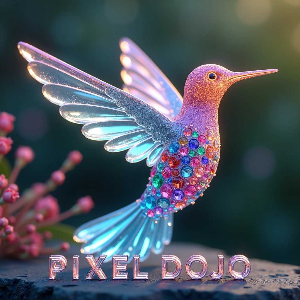 Create a visually stunning 3D render of a crystal hummingbird, capturing its intricate features and vibrant colors. The hummingbird should be crafted from transparent crystal, reflecting light in a rainbow of colors, with delicately detailed wings that seem to shimmer and flutter. Incorporate an array of precious stones—such as sapphires, rubies, and emeralds—embedded in the body and tail feathers of the bird, enhancing its opulence and artistry.

At the bottom of the image, include the typography for "PIXEL DOJO" in a cinematic style that harmonizes with the overall composition. The lettering should appear as if it's carved from finely polished stone, with a glossy finish that catches the surrounding light, complementing the colorful theme. Consider using a modern font with elegant curves to evoke a sense of sophistication and creativity.

Set the scene against a softly blurred background that suggests a serene garden environment, with hints of gentle bokeh surrounding the hummingbird, adding depth and dimension. The lighting should be dynamic, creating highlights and shadows that accentuate the textures of the crystal and the precious stones, evoking a magical and enchanting atmosphere. The overall mood should feel whimsical and lively, as if the hummingbird is captured in mid-flight, inviting viewers into a fantastical world.