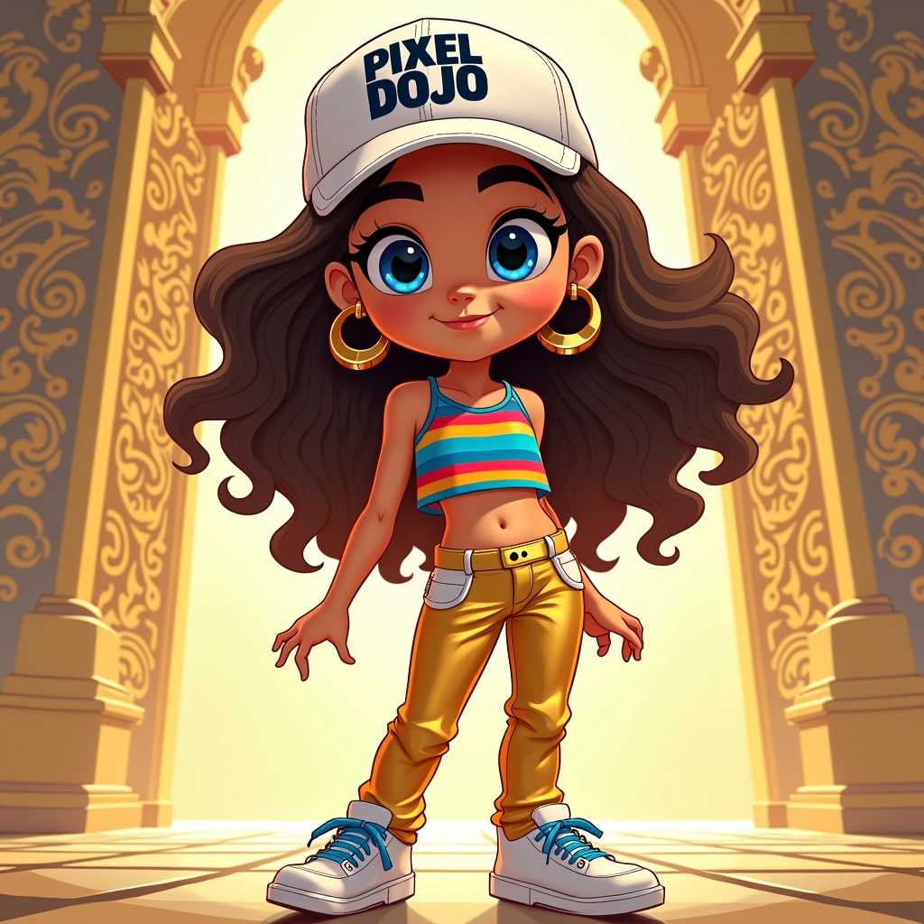 Create a captivating animated illustration of a young girl named Ely, who embodies a futuristic and regal aesthetic. She has large, expressive blue eyes that convey a sense of wonder and excitement, and her wavy brown hair cascades down her shoulders, adding a playful texture to her appearance. Ely proudly wears a white cap, emblazoned with the bold letters 'PIXEL DOJO,' signifying her unique style and personality.

Her outfit features a vibrant multi-colored striped crop top that wraps snugly around her torso, showcasing a lively palette of colors - think bold reds, deep blues, and sunny yellows - blending into a celebration of hues that pop against her skin. Complementing her top, she wears shiny gold pants that catch the light and shimmer as she moves, reflecting her dynamic energy.

Gold hoop earrings glint in her ears, drawing attention to her radiant smile, while her white sneakers, accented with eye-catching blue laces, ground her futuristic fashion with a touch of street style. The atmosphere around Ely is enriched by a backdrop adorned with intricate golden patterns, reminiscent of decorative motifs found in royal architecture, swirling elegantly to enhance her regal presence. 

The overall mood of the illustration is lively and inspirational, merging elements of youthfulness with a hint of sophistication, capturing the essence of a modern-day princess in a vibrant, digital realm. The color palette should be bright and engaging, with contrasts that highlight Ely's character and the intricate background, creating an inviting and visually striking composition.