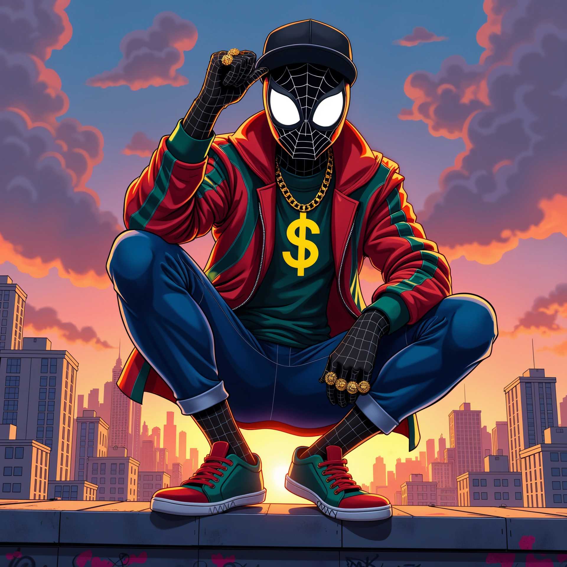 Create a vibrant, eye-catching illustration of a modern Spider-Man-inspired character squatting confidently on a city rooftop, showcasing an urban aesthetic. The character should wear a bold red and green striped jacket that features intricate patterns in varying shades, accentuating a sense of motion and energy. His black cap, turned slightly to the side, adds a touch of casual coolness, and the flashy gold dollar sign necklace should sparkle, reflecting the sunlight and drawing the viewer’s eye.

The character's glowing white eyes, with an intense and captivating gaze, should convey confidence and charisma, enhancing his larger-than-life persona. His raised hand, adorned with stylish rings, should imply a sense of street style—perhaps even posing as if he's ready to spring into action or deliver a signature pose.

In the background, a bustling cityscape filled with skyscrapers, graffiti-covered walls, and rooftop panels contributes to the dynamic, energetic atmosphere. The sky can be a blend of twilight colors—deep purples and blues with hints of warm orange or pink—as the sun sets, adding depth to the scene. Street lights may begin to flicker on, casting a warm glow that highlights the character and emphasizes his surroundings. The overall mood should be vibrant and youthful, embodying the spirit of urban life and the thrill of adventure. Use a comic book style with bold lines and dynamic shading to enhance the modern superhero vibe.