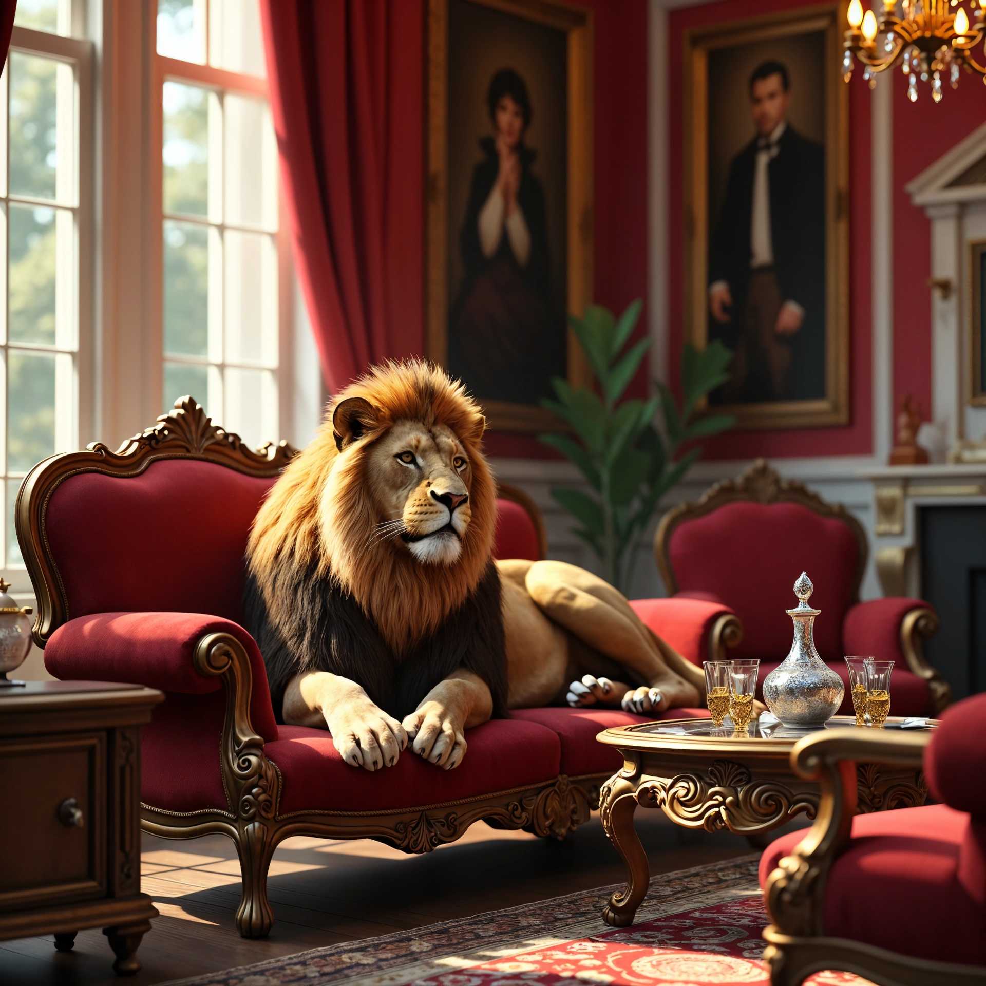 **Prompt for Image Generation:**

Create a stunning, hyper-realistic 3D scene using V-Ray rendering that captures a lion majestically lounging in a luxurious salon. The room is elegantly decorated, featuring rich, warm colors—deep reds and golds. The walls are adorned with ornate moldings and vintage portraits in gilded frames. 

The lion, with its magnificent mane cascading in rich shades of gold and brown, exudes a regal presence as it rests on an opulent, velvet-settee that complements the room's decor. Surround the lion with lavish furnishings, such as an intricately carved wooden coffee table topped with a crystal decanter and glasses, and an antique rug with intricate patterns beneath its paws.

The lighting should be soft and atmospheric, emanating from a grand chandelier that hangs from the ceiling, casting subtle highlights and shadows throughout the room. Include details like elegant curtains draping around tall windows, allowing gentle rays of sunlight to filter through.

Emphasize textures—show the softness of the lion’s fur, the plush velvet of the sofa, and the glint of glassware. The overall mood should blend warmth and opulence with an underlying sense of wild majesty, inviting viewers to marvel at the juxtaposition of the lion's natural strength and the finesse of the interior.
