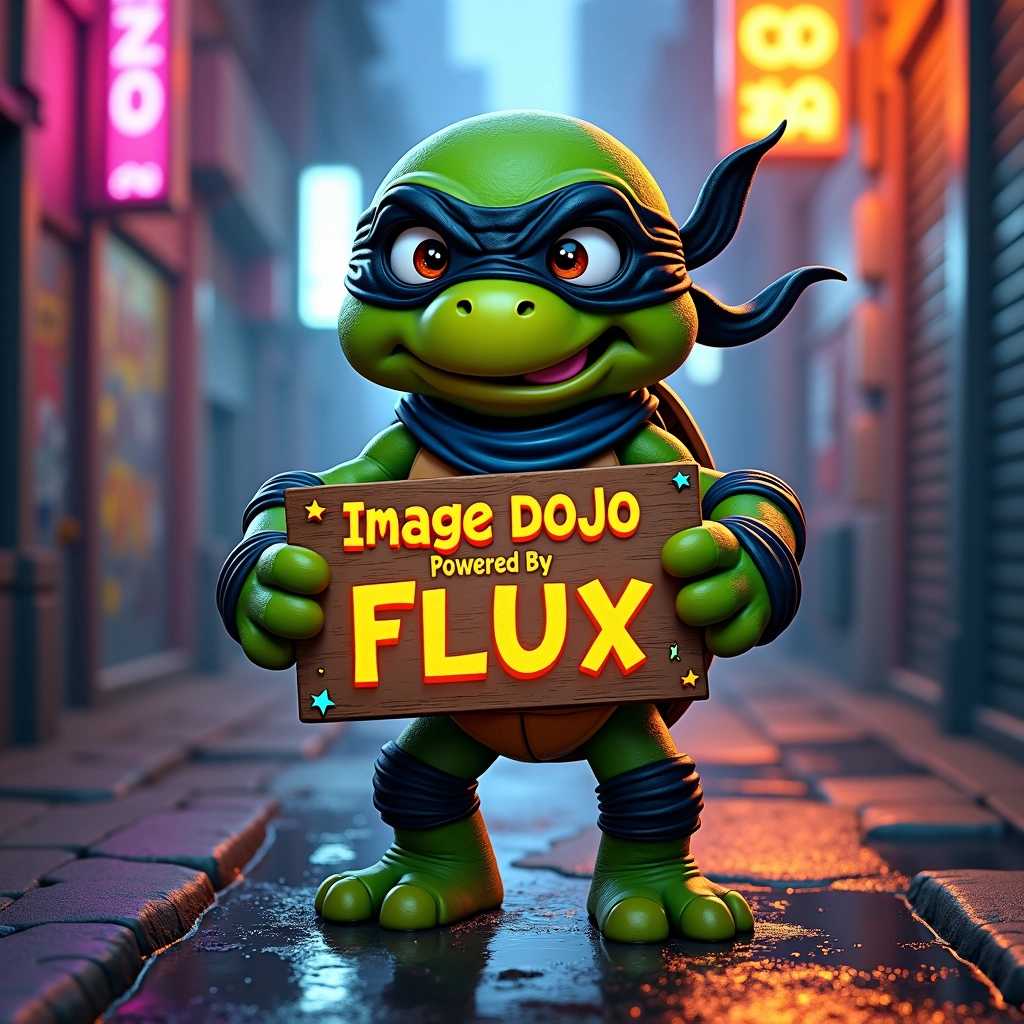Create a dynamic, action-packed scene featuring a cartoonish ninja turtle standing confidently in a bold and energetic pose. The turtle should have bright, vibrant green skin, embodying the essence of youthful enthusiasm. It wears a classic black ninja mask that adds an element of mystery, complemented by a playful, vividly colored bandana that signifies its unique personality—perhaps a deep blue or fiery red to suggest a fun-loving and adventurous spirit.  The setting is an urban environment captured in the depths of an alleyway, adorned with edgy graffiti art and illuminated by glowing neon lights that reflect beautifully off the wet pavement, creating a lively and vibrant atmosphere. The setting should feel immersive, with splashes of color from the graffiti and the shimmering lights adding to the scene’s electric charm.  In the turtle's hands, showcase a large, handmade wooden sign, prominently positioned, that reads "Image Dojo Powered By FLUX" in bold, eye-catching letters. The text on the sign should be designed with a playful flair, perhaps painted in bright colors with thick outlines. Surround the sign with whimsical details like small, cartoonish stars and lightning bolts that enhance the sense of creativity and infectious energy radiating from the character.  Emphasize motion and attitude by incorporating a slight wind effect that ruffles the turtle's bandana, giving it a sense of liveliness, and also creates a gentle flutter on the edges of the sign. The background should be slightly blurred to draw the viewer’s attention directly to the