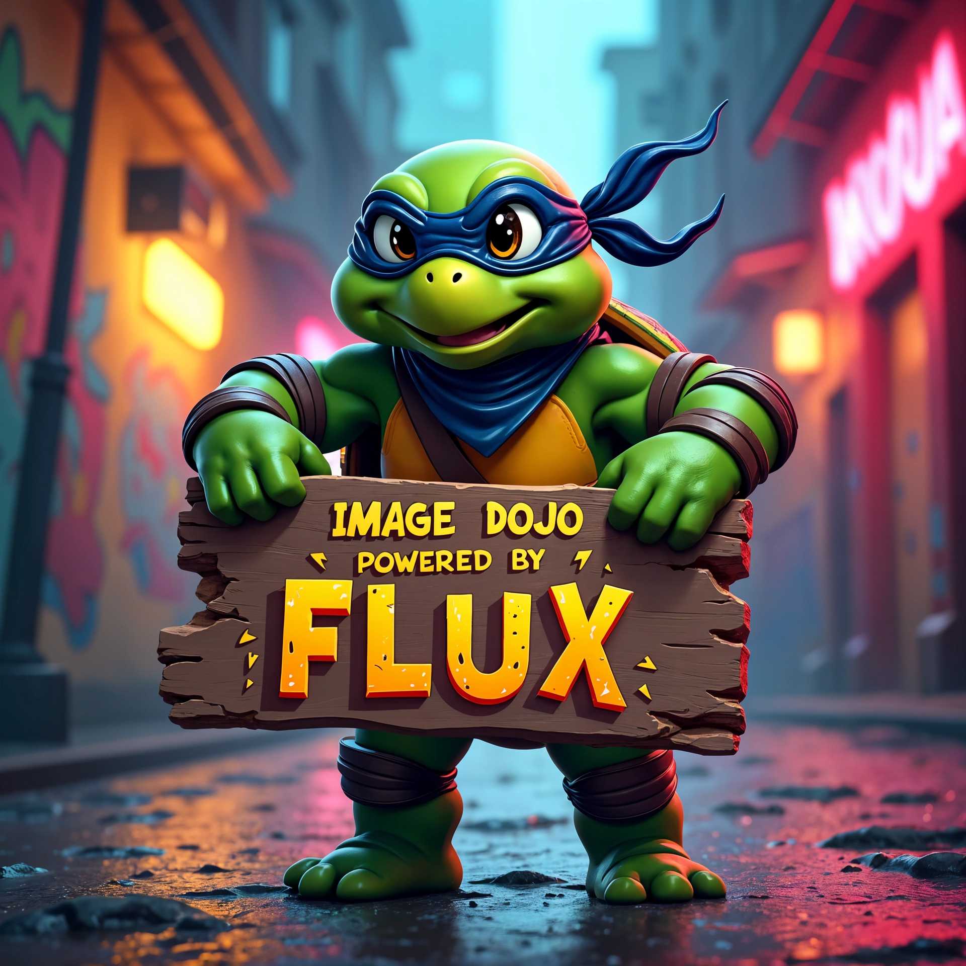 Teenage Mutant Ninja Turtle Holding 'IMAGE DOJO POWERED BY FLUX' Sign in Neon-Lit Alleyway