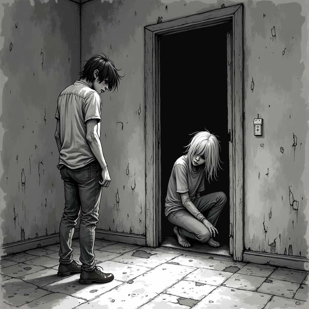 Create a grim grey horror scene rendered in intricate pen ink and flat, muted colors. The setting is a dimly lit, eerie room with peeling wallpaper and shadows that stretch menacingly across the floor. In the foreground, one adult is standing in the corner, their back turned to the viewer, counting with a distressed expression, wearing tattered clothing that hints at a troubled past. They are slightly hunched, with messy hair falling over their face, adding to the unsettling atmosphere. 

In contrast, the second adult is crouched behind an old, creaking door, their eyes wide with fear, peering out with a sense of frantic tension. The door itself is worn and splintered, blocking out the faint light that barely illuminates the room. Ghostly shapes can be suggested in the shadows, hinting at a sinister presence lurking just beyond the periphery. 

The overall mood is heavy with suspense, the combination of monochromatic tones and stark lines creating an oppressive feeling, as if time stands still in this haunted space. Emphasize the textures in the ink drawing, highlighting the contrast between the softness of the characters and the harshness of their environment. The composition should draw the viewer's eye to the tension between the two adults, capturing the essence of a childhood game twisted into a nightmarish scenario.