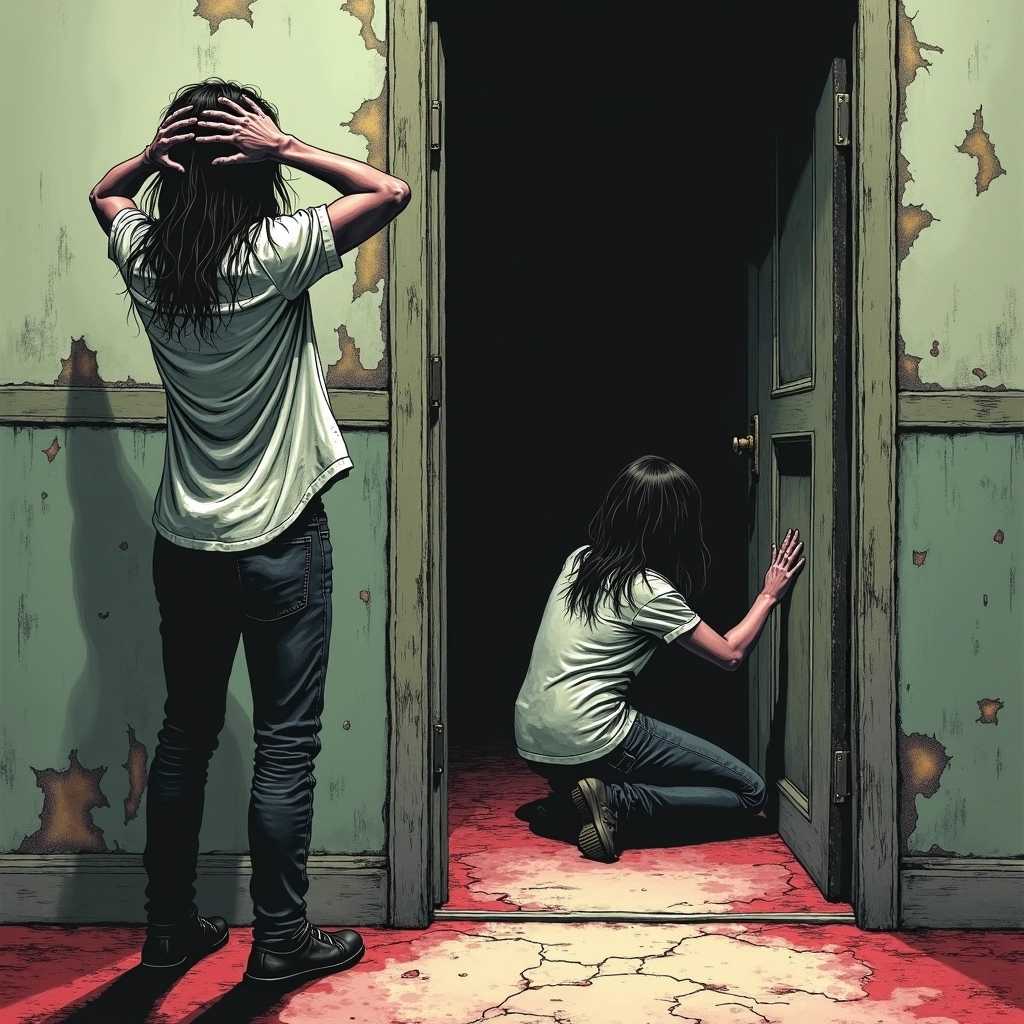 Create a grim grey horror scene rendered in intricate pen ink and flat, muted colors. The setting is a dimly lit, eerie room with peeling wallpaper and shadows that stretch menacingly across the floor. In the foreground, one adult is standing in the corner, their back turned to the viewer, counting with a distressed expression, wearing tattered clothing that hints at a troubled past. They are slightly hunched, with messy hair falling over their face, adding to the unsettling atmosphere. 

In contrast, the second adult is crouched behind an old, creaking door, their eyes wide with fear, peering out with a sense of frantic tension. The door itself is worn and splintered, blocking out the faint light that barely illuminates the room. Ghostly shapes can be suggested in the shadows, hinting at a sinister presence lurking just beyond the periphery. 

The overall mood is heavy with suspense, the combination of monochromatic tones and stark lines creating an oppressive feeling, as if time stands still in this haunted space. Emphasize the textures in the ink drawing, highlighting the contrast between the softness of the characters and the harshness of their environment. The composition should draw the viewer's eye to the tension between the two adults, capturing the essence of a childhood game twisted into a nightmarish scenario.
