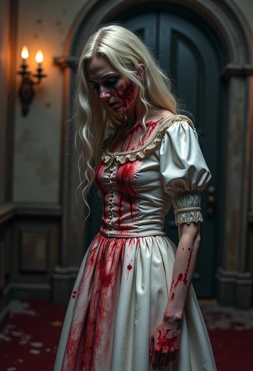 best quality,realistic,  a old lady wearing a white victorian dress all covered in blood and teinted, scare inside a castle, all the enviroment is bloodish covered all in blood,nightmerish,horror,best quality,realistic,intricate details,high resolution,8k,