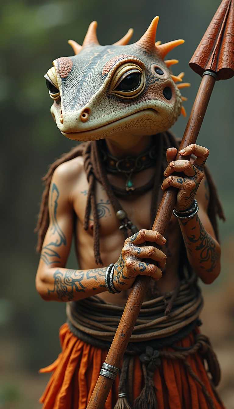 a tribal leader gecko in indigenous clothing with a spear and hunting warpaint on