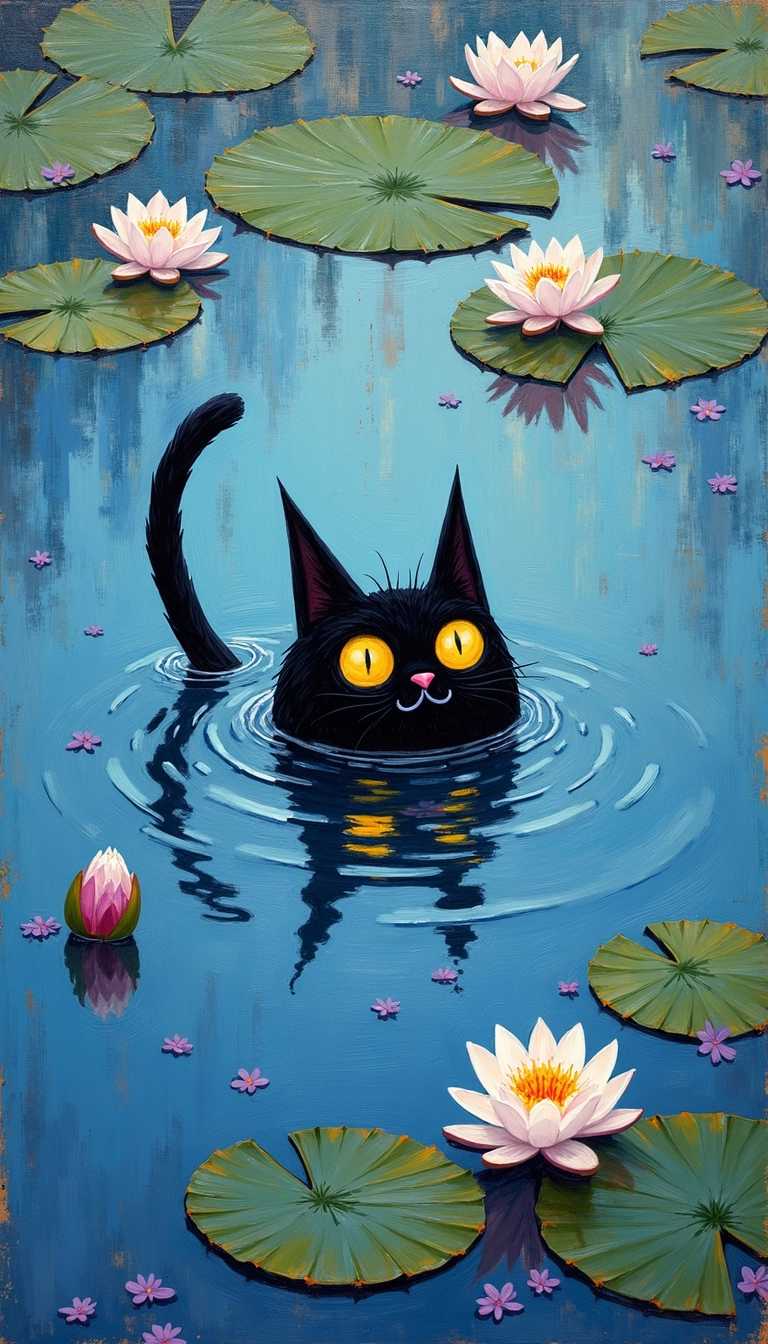 Black Cat with Yellow Eyes Amidst Lily Pads in a Tranquil Pond