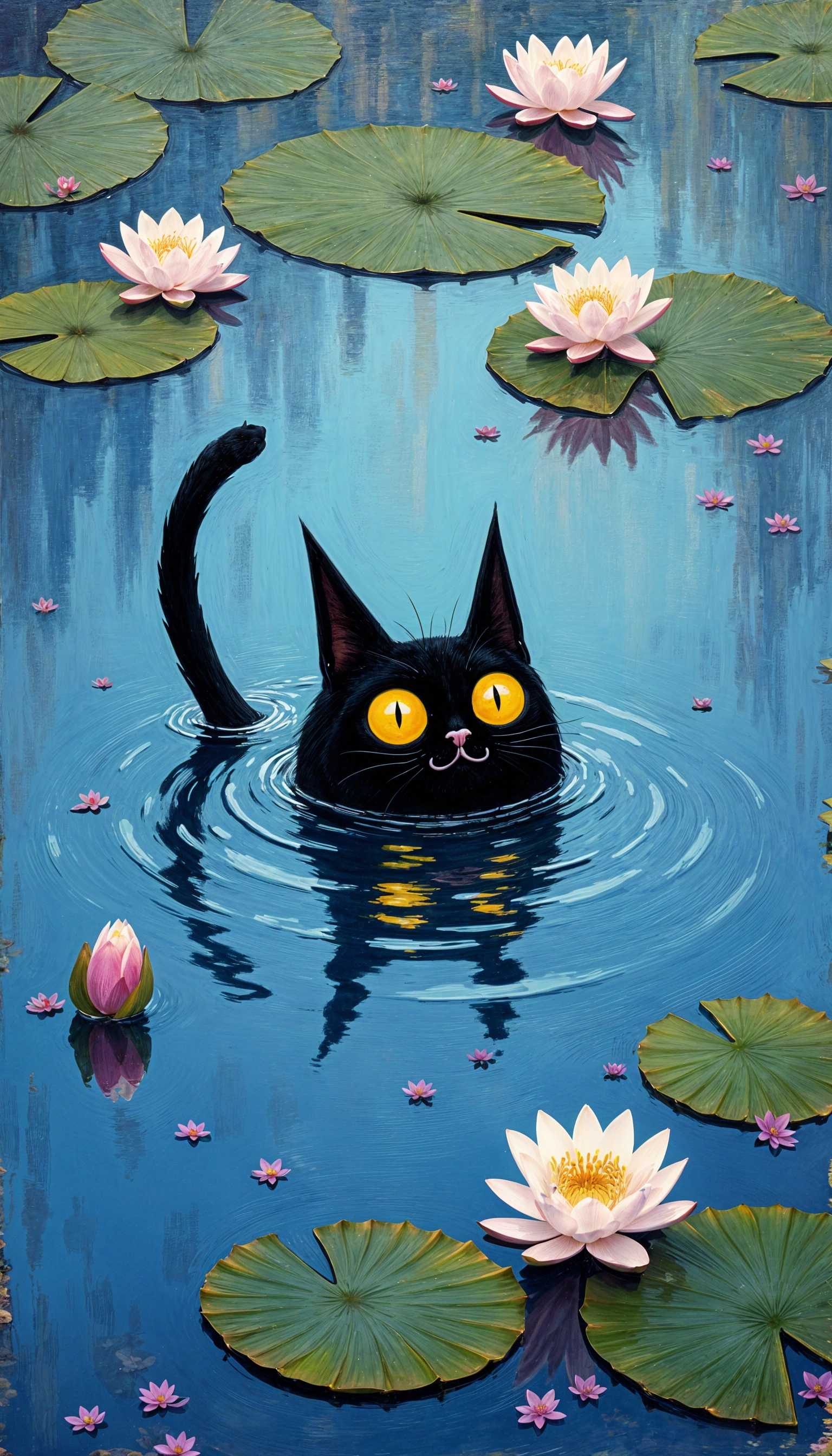 Black Cat with Yellow Eyes Amidst Lily Pads in a Tranquil Pond